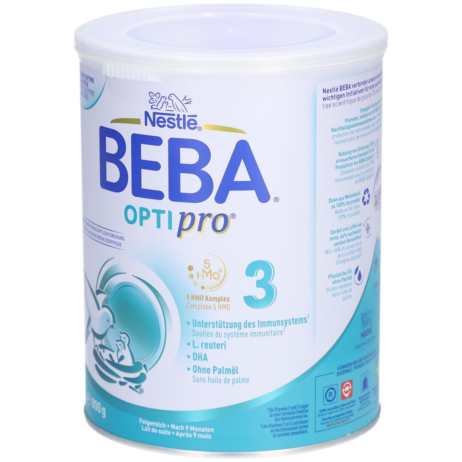 Avant de la boîte de lait de suite BEBA Optipro 3, 800g. Avec logo Nestlé, 5 HMO Complex, L. reuteri, DHA.