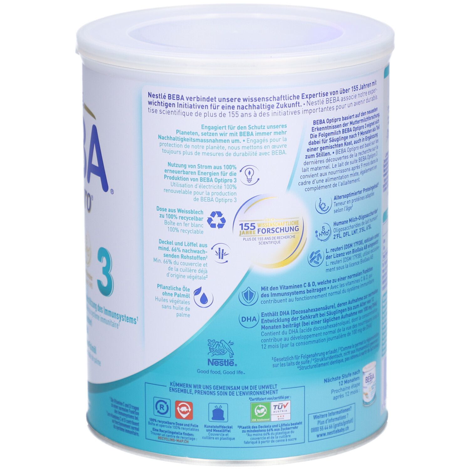 Arrière de la boîte de lait de suite BEBA Optipro 3 avec informations sur la recherche et la durabilité.