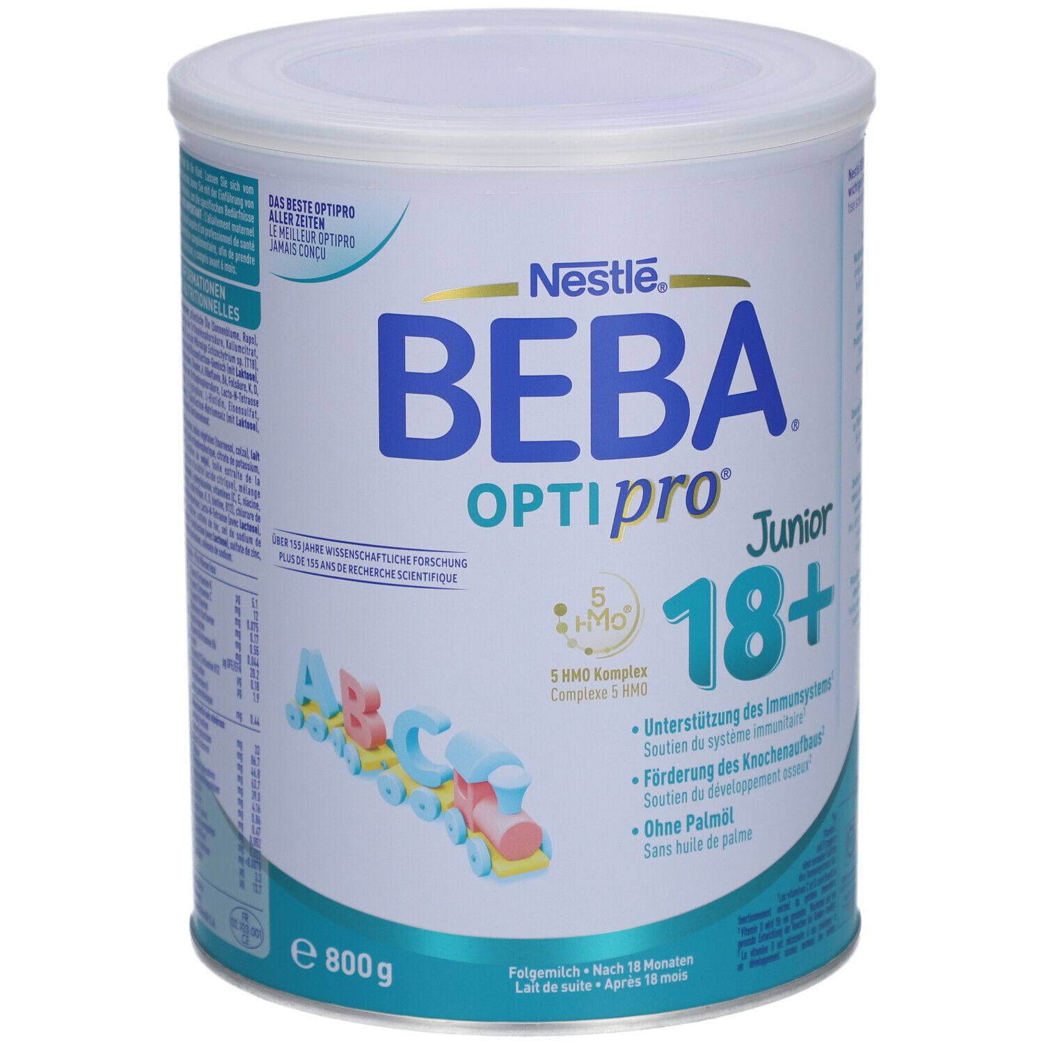 Boîte ronde BEBA Optipro Junior 18+. Inscription : Nestle, 800g, 5 HMO complexe, sans huile de palme. Dès 18 mois.