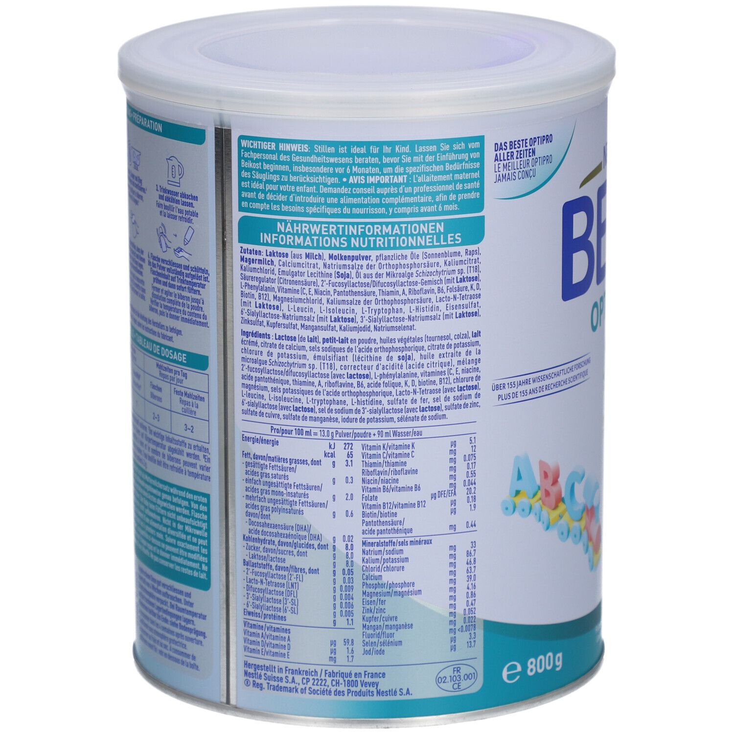 Dos de la boîte BEBA Optipro Junior 18+. Contient informations nutritionnelles et liste des ingrédients. 800g. Fabricant.