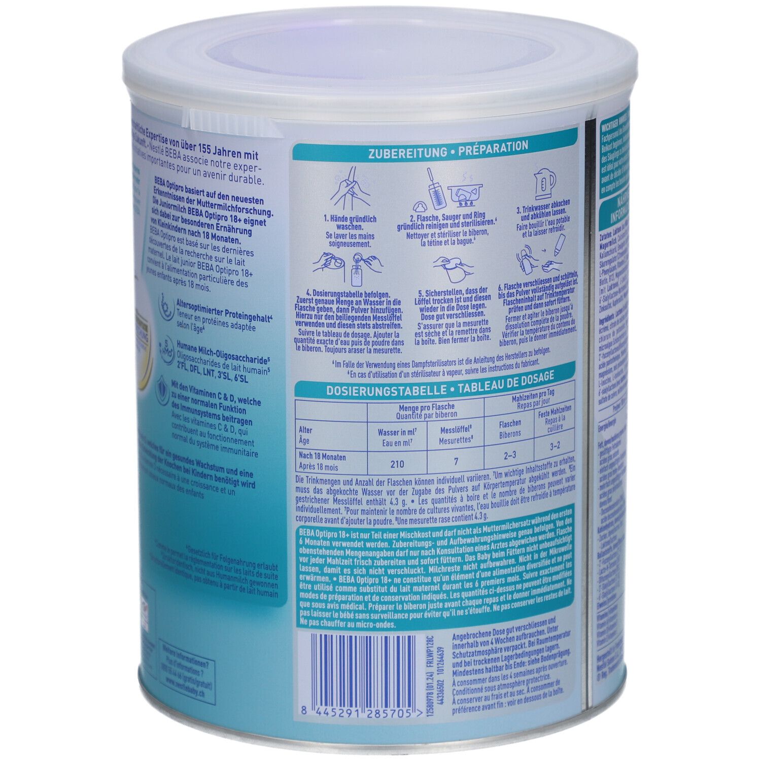 Dos de la boîte BEBA Optipro Junior 18+. Instructions de préparation et tableau de dosage. 800g. Fabricant.