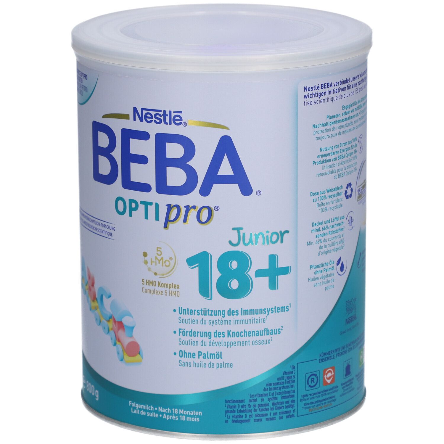 Boîte ronde BEBA Optipro Junior 18+. Inscription : Nestle, 800g, 5 HMO complexe, sans huile de palme. Dès 18 mois.