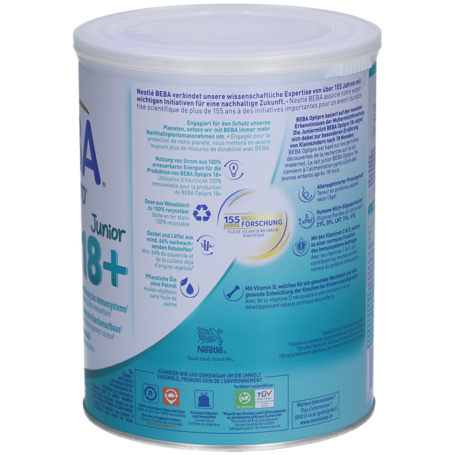 Dos de la boîte BEBA Optipro Junior 18+. Contient informations sur ingrédients, recherche et durabilité. 800g.