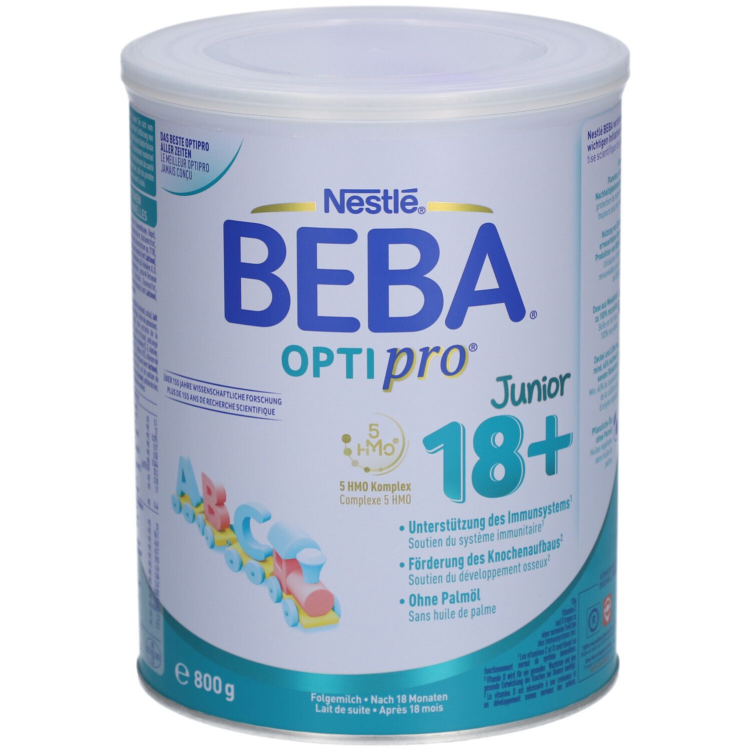 Boîte ronde BEBA Optipro Junior 18+. Inscription : Nestle, 800g, 5 HMO complexe, sans huile de palme. Dès 18 mois.