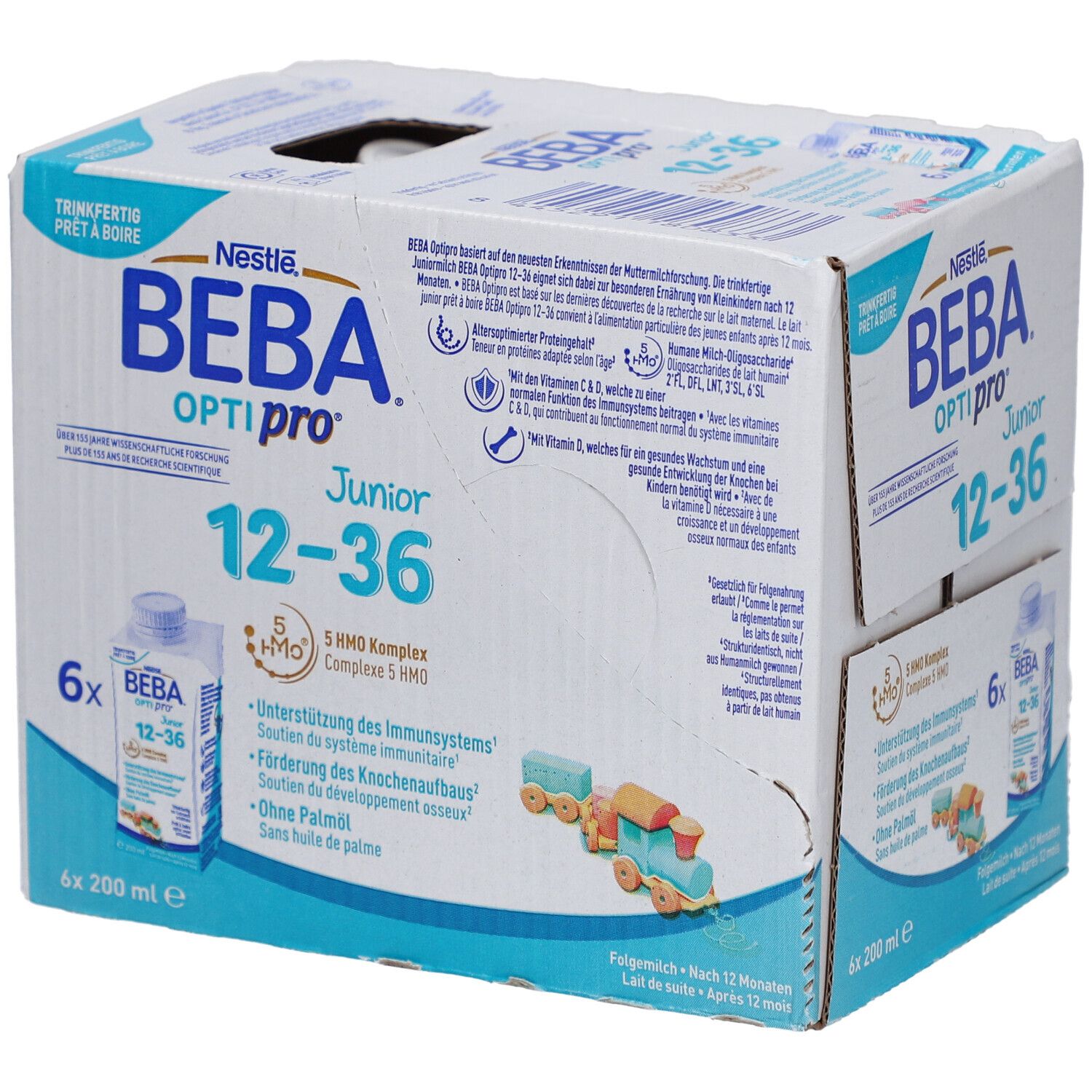 Boîte de lait infantile BEBA Optipro Junior 12-36. 6 bouteilles, 200ml. Contient 5 HMO Complexe. Sans huile de palme. Carton avec image du produit.
