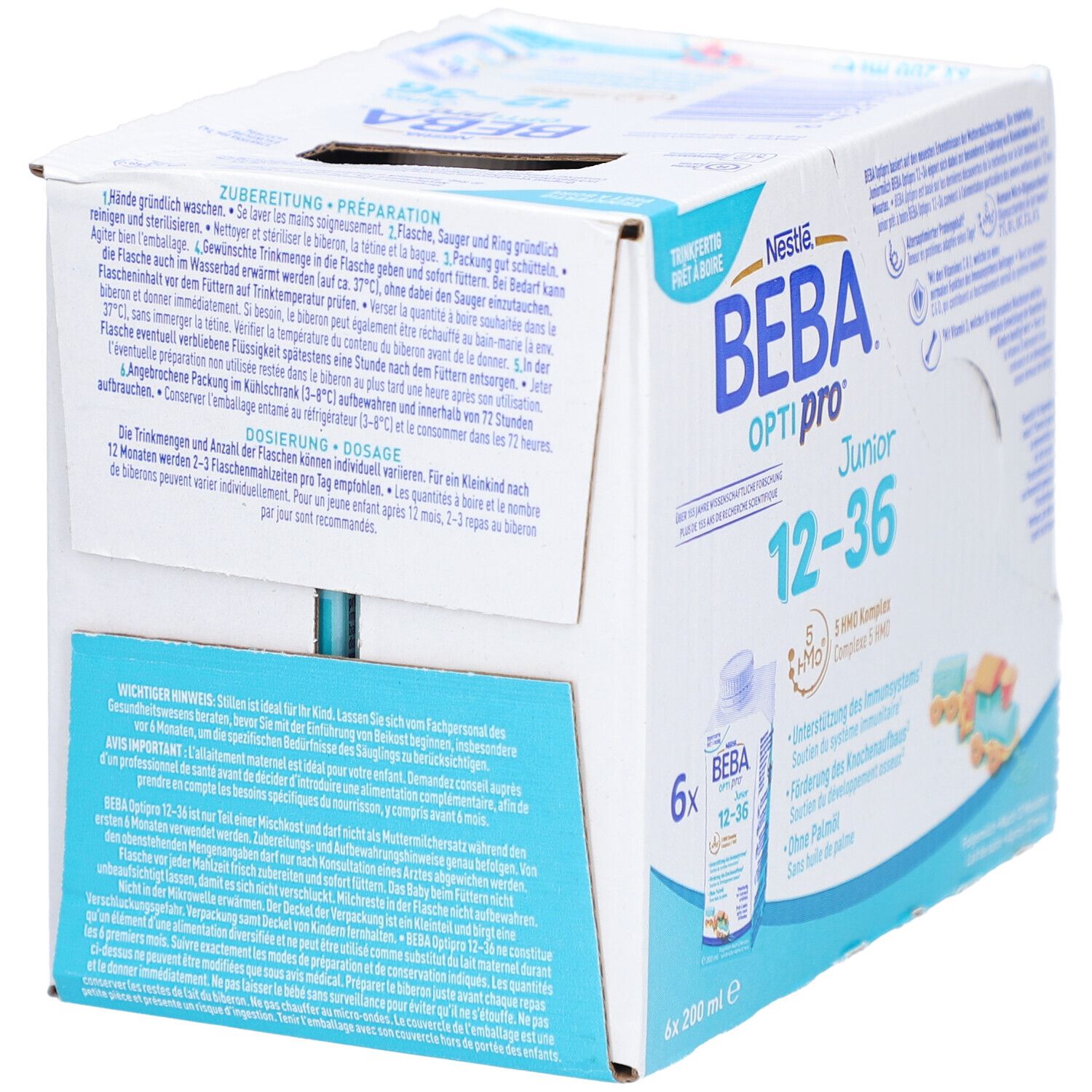 Boîte BEBA Optipro Junior 12-36. Instructions de préparation et dosage au dos. 6 bouteilles, 200ml. Carton avec image du produit.