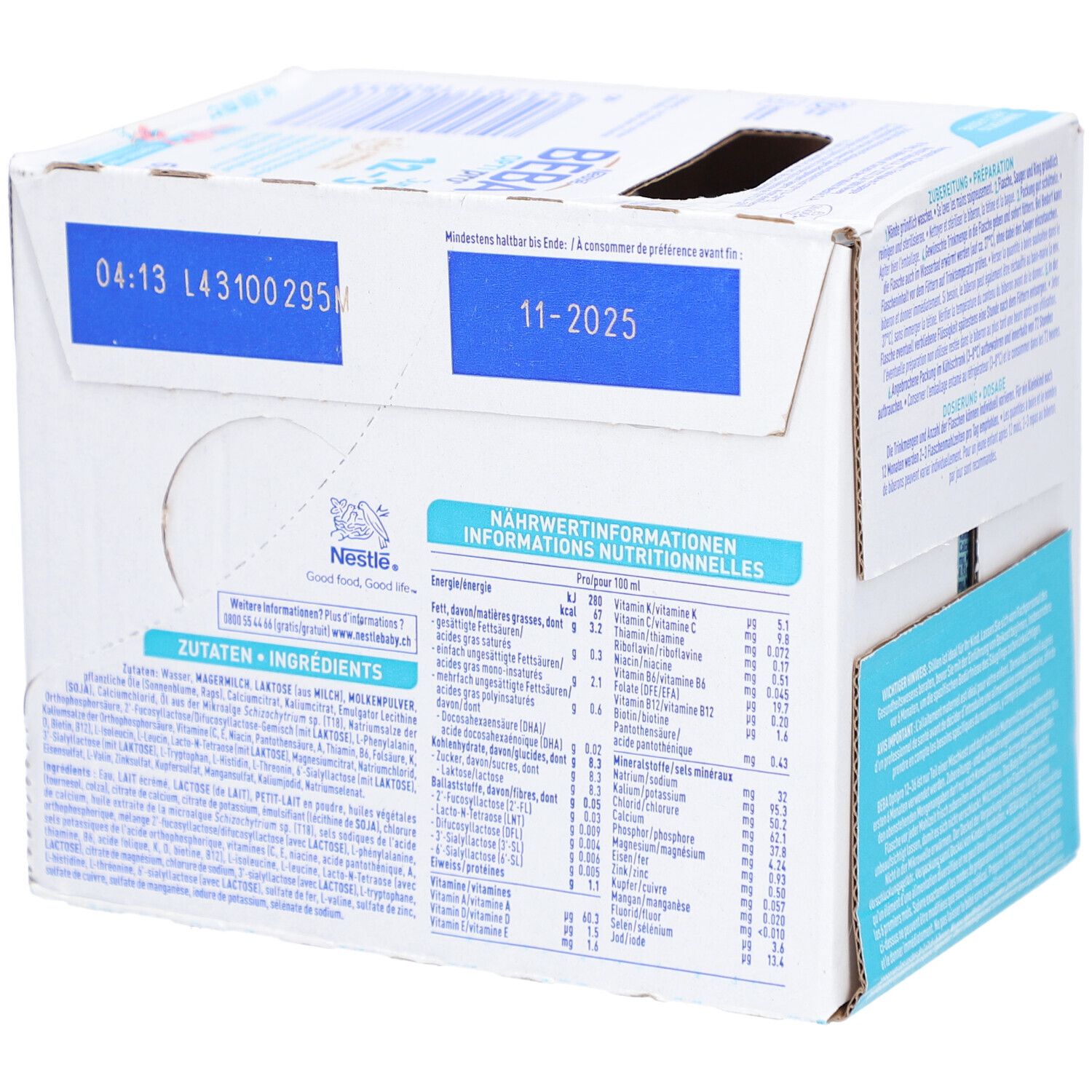 Boîte BEBA Optipro Junior 12-36. Informations nutritionnelles et ingrédients au dos. Date de péremption 11-2025.