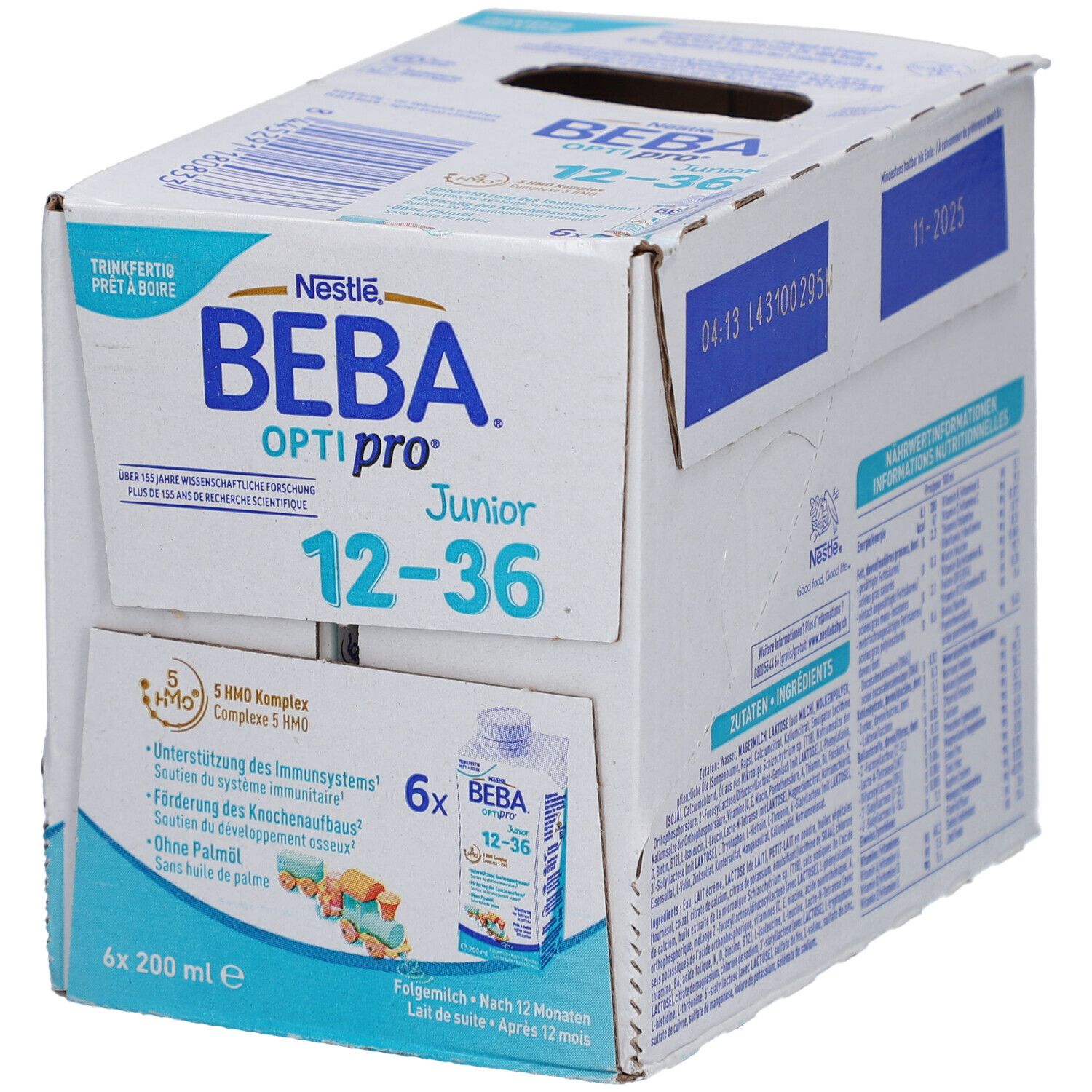 Boîte BEBA Optipro Junior 12-36. Image du produit sur le devant. 6 bouteilles, 200ml. Date de péremption 11-2025.