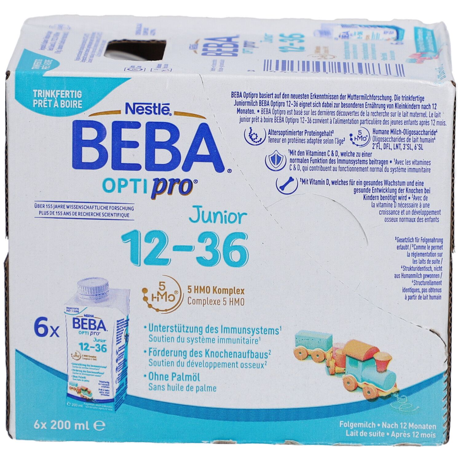 Boîte BEBA Optipro Junior 12-36. Image du produit sur le devant. 6 bouteilles, 200ml. Contient 5 HMO Complexe. Sans huile de palme.