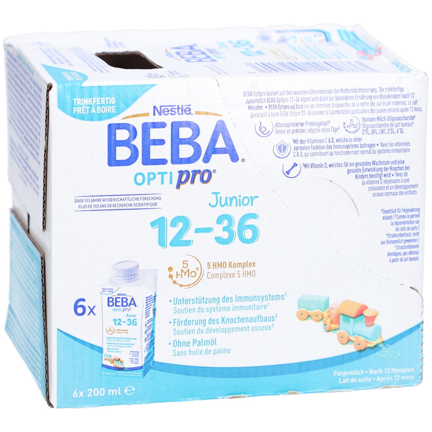 Boîte BEBA Optipro Junior 12-36. Image du produit sur le devant. 6 bouteilles, 200ml. Contient 5 HMO Complexe. Sans huile de palme.