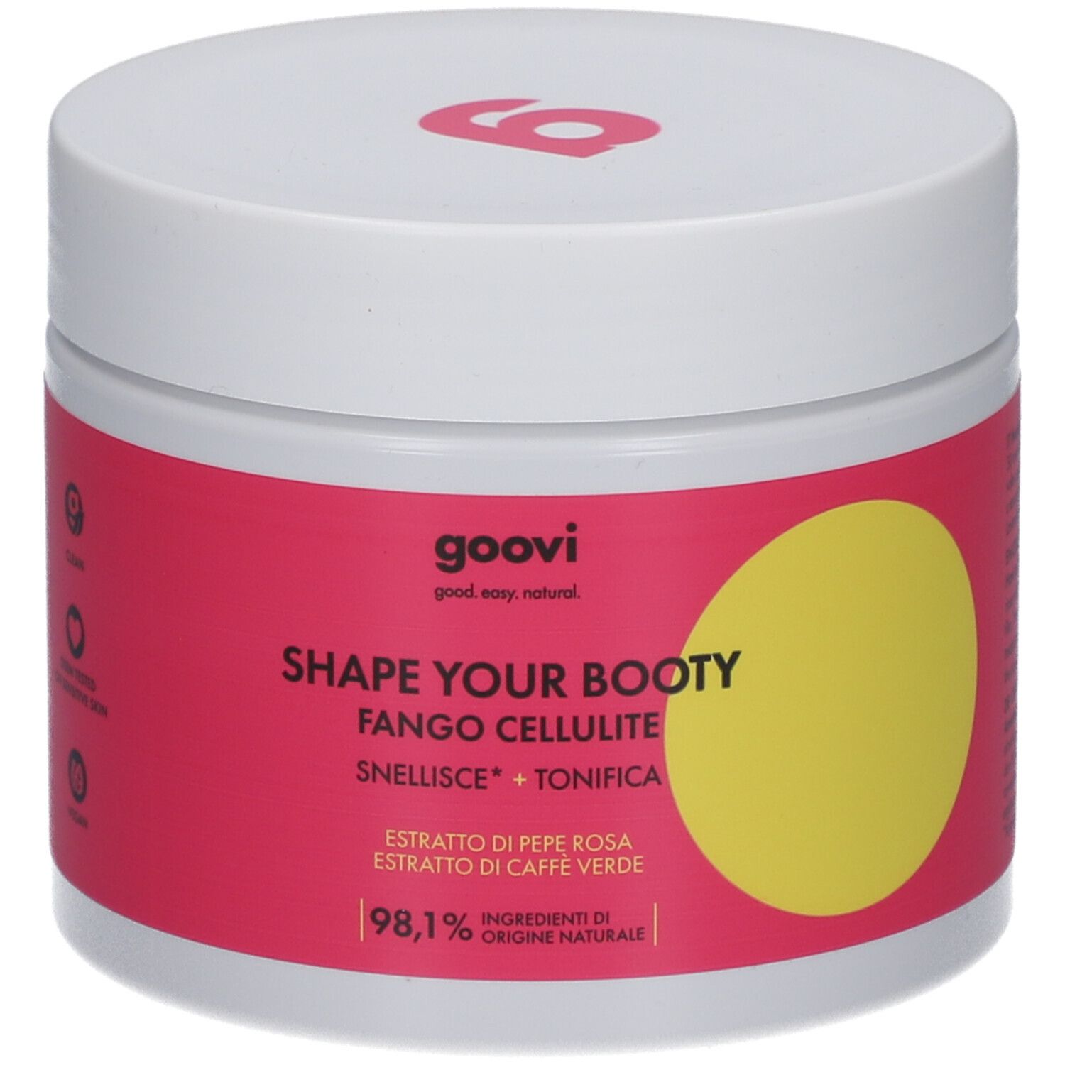 Pot blanc avec étiquette rose. Cercle jaune. Inscription: Shape Your Booty, Fango Cellulite. Logo Goovi.