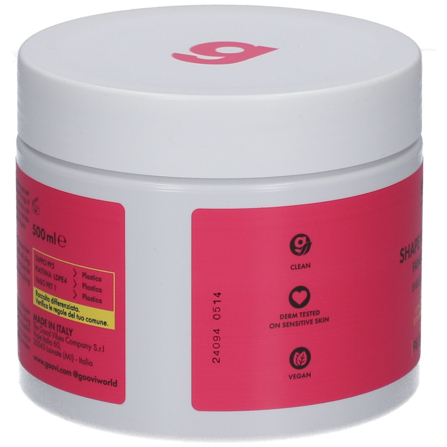 Pot blanc avec étiquette rose. Inscription: Clean, Derm Tested, Vegan. Logo Goovi. 500ml.