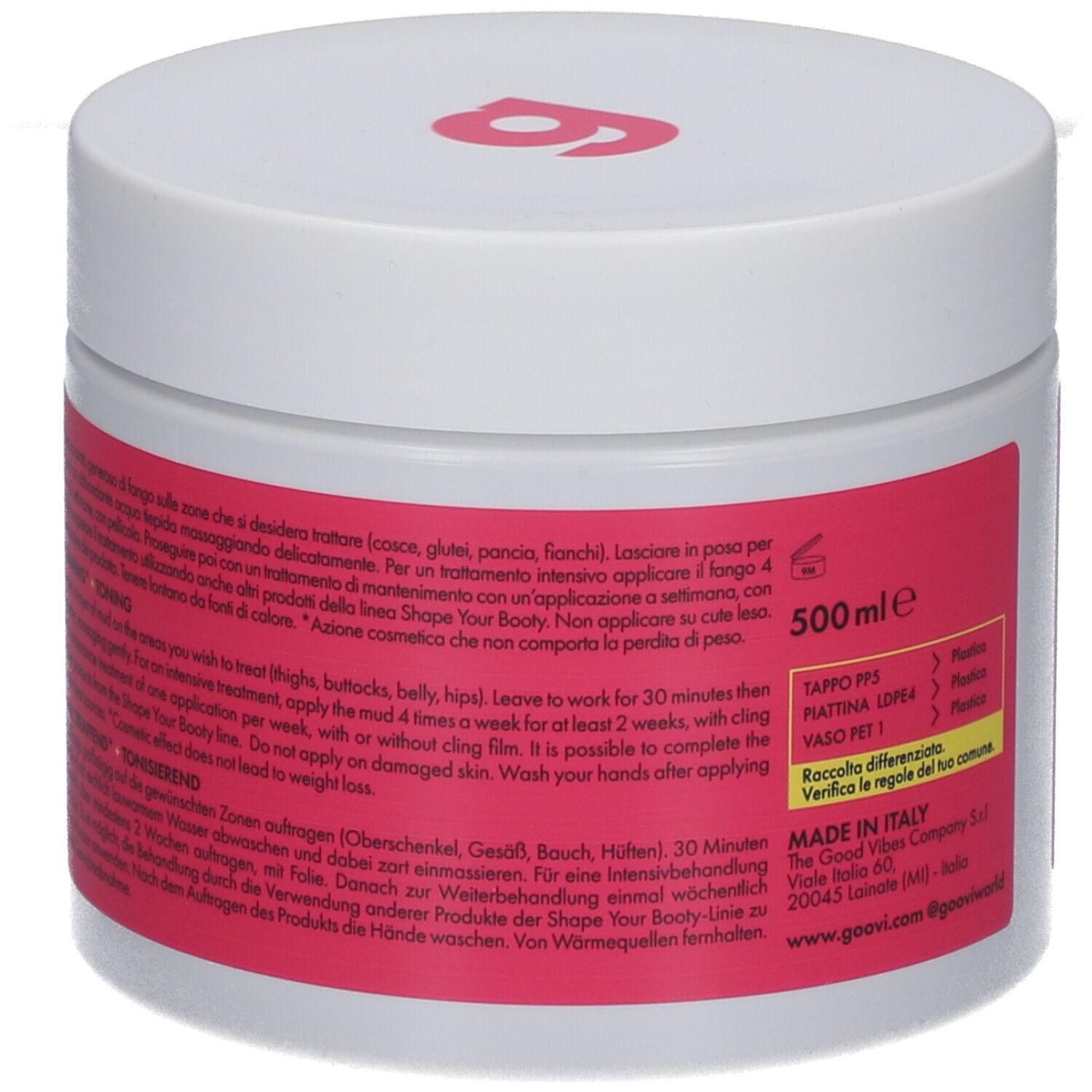 Pot blanc avec étiquette rose. Texte multilingue. Logo Goovi. 500ml. Fabriqué en Italie.