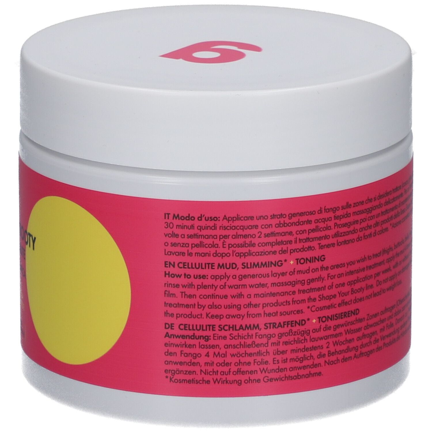 Pot blanc avec étiquette rose. Texte multilingue. Cercle jaune. Logo Goovi. 500ml.