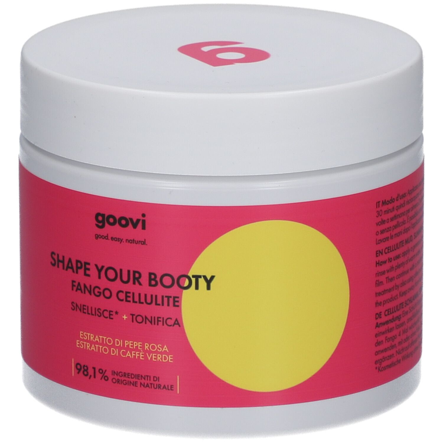 Pot blanc avec étiquette rose. Cercle jaune. Inscription: Shape Your Booty, Fango Cellulite. Logo Goovi.