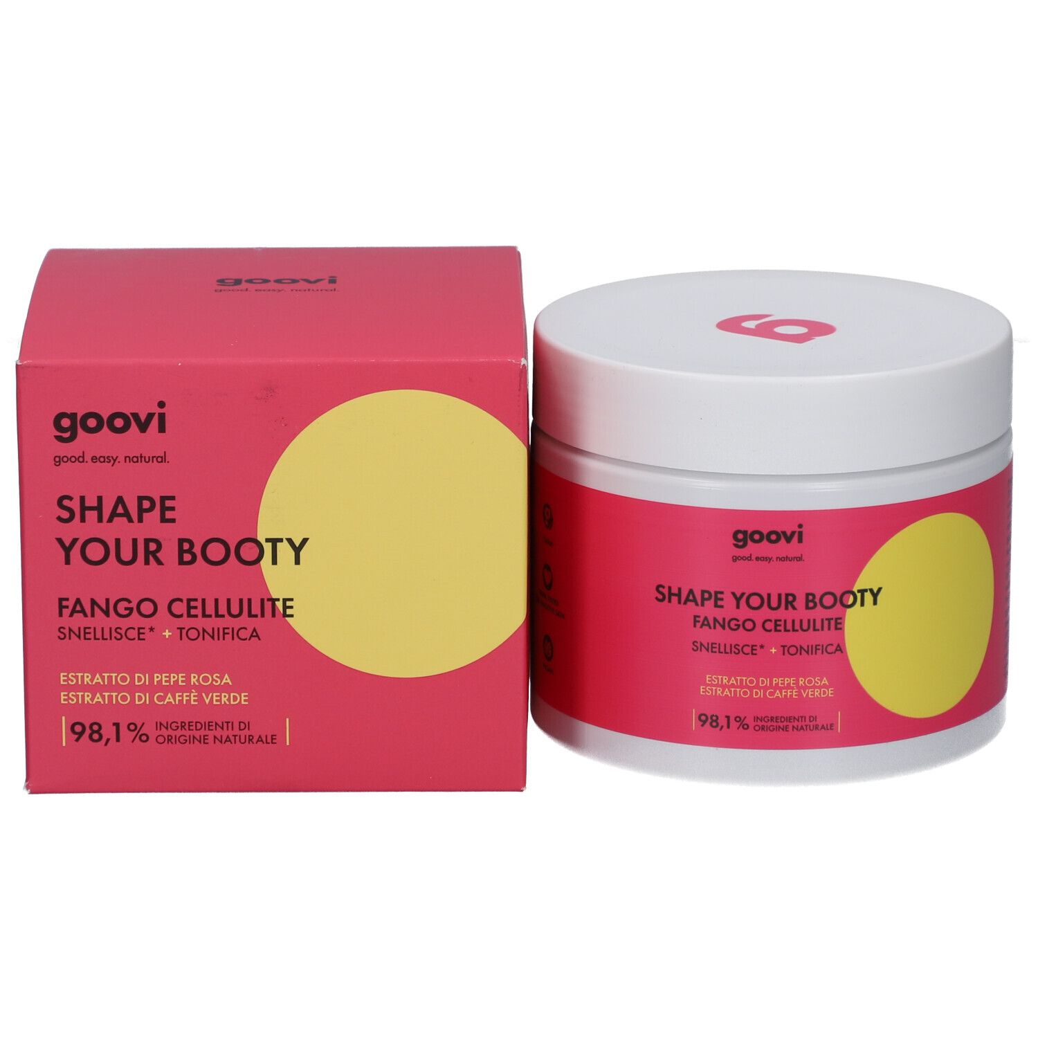 Emballage du produit: pot et boîte. Rose avec cercle jaune. Inscription: Shape Your Booty, Fango Cellulite. Logo Goovi.