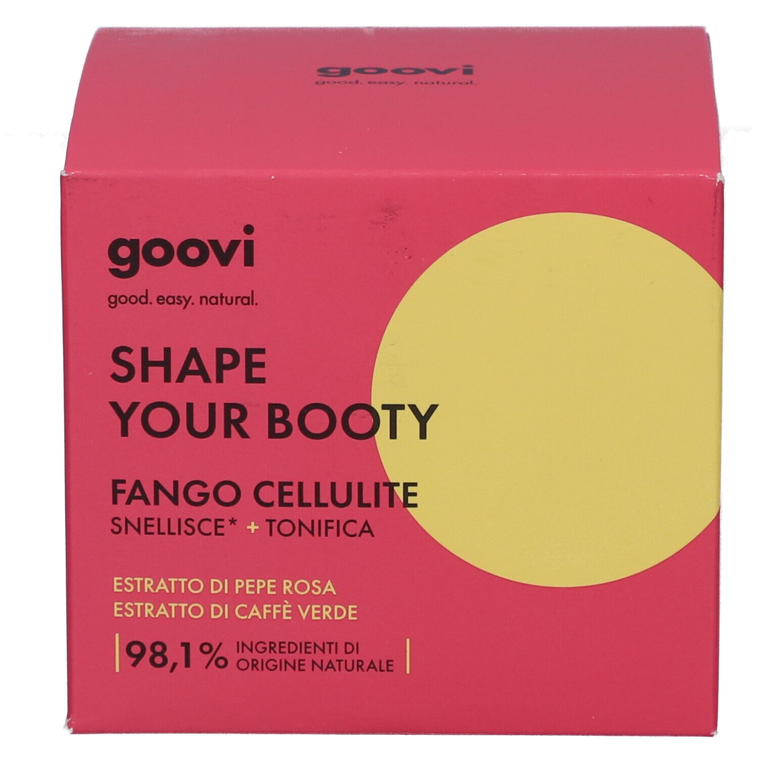 Boîte rose avec cercle jaune. Inscription: Shape Your Booty, Fango Cellulite. Logo Goovi.