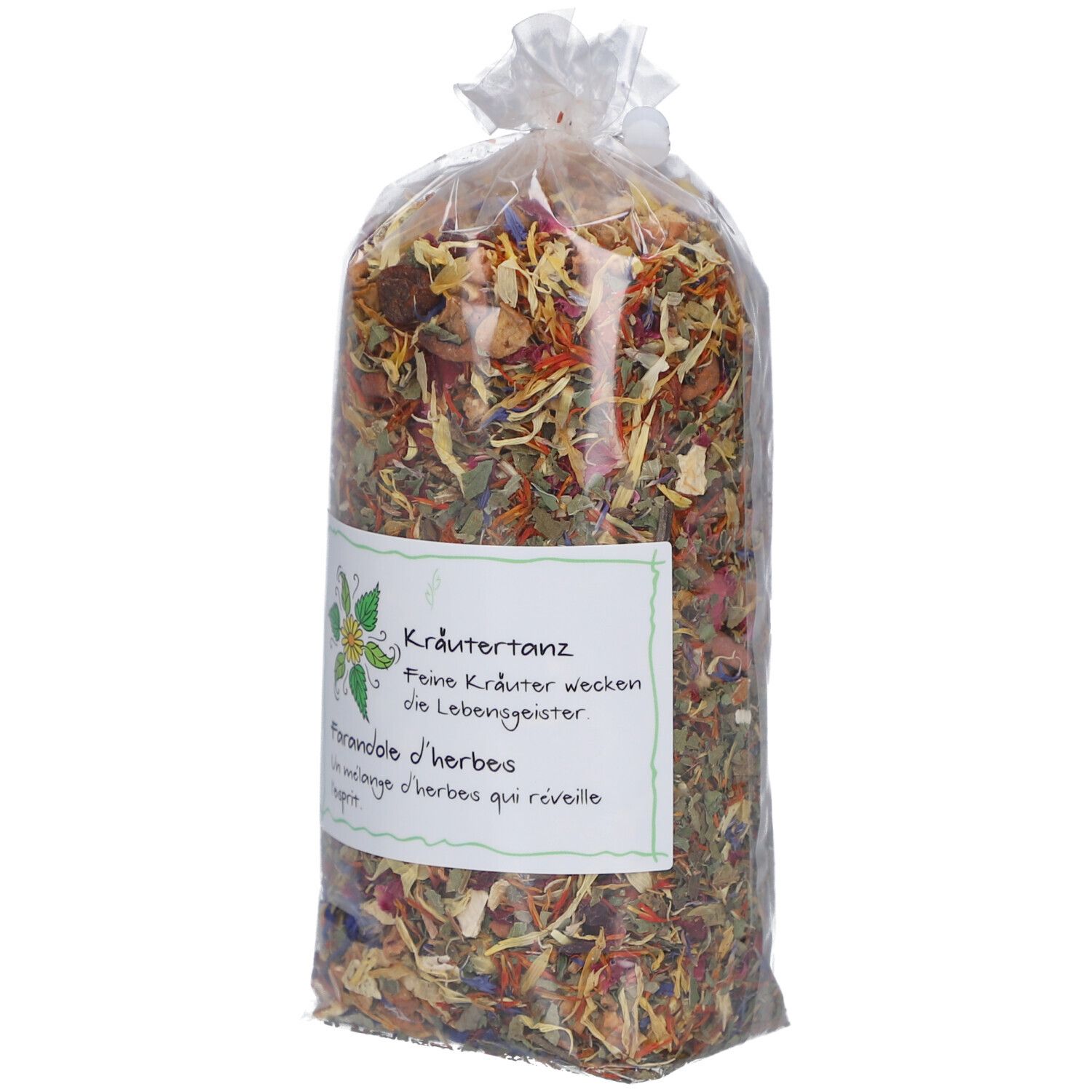 Mélange d'herbes en emballage transparent. Étiquette avec texte: Kräutertanz, Farandole d'herbes.