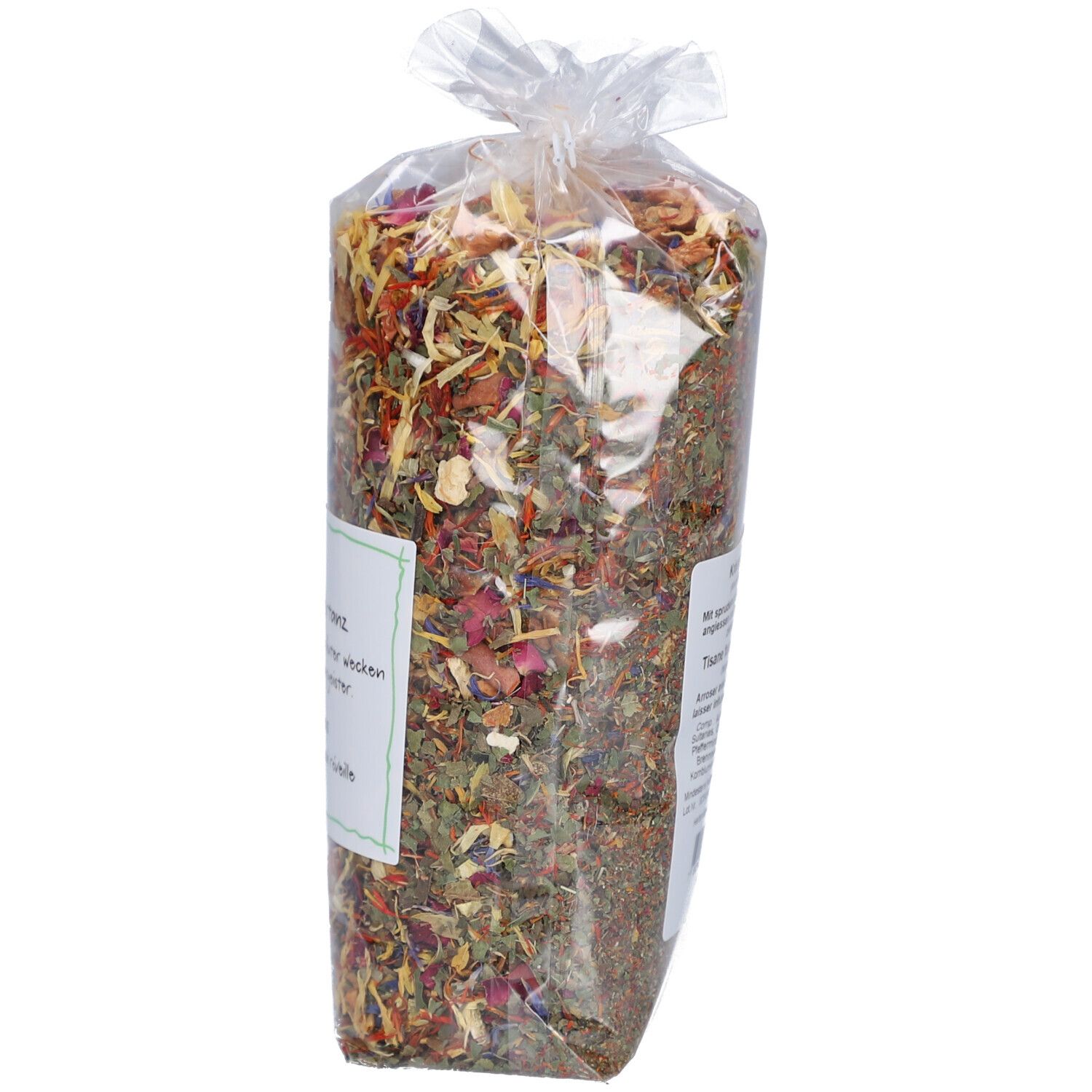 Mélange d'herbes en emballage transparent. Étiquette avec texte: Kräutertanz, Tisane farandole d'herbes.