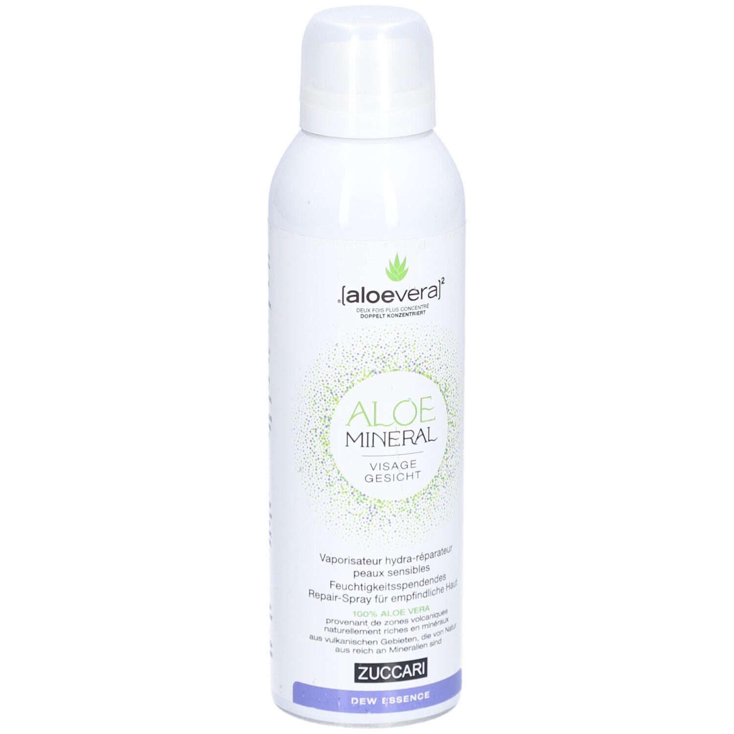 Flacon spray blanc avec logo vert et texte. Nom du produit: Aloe Mineral Visage Gesicht. Logo Zuccari en bas.