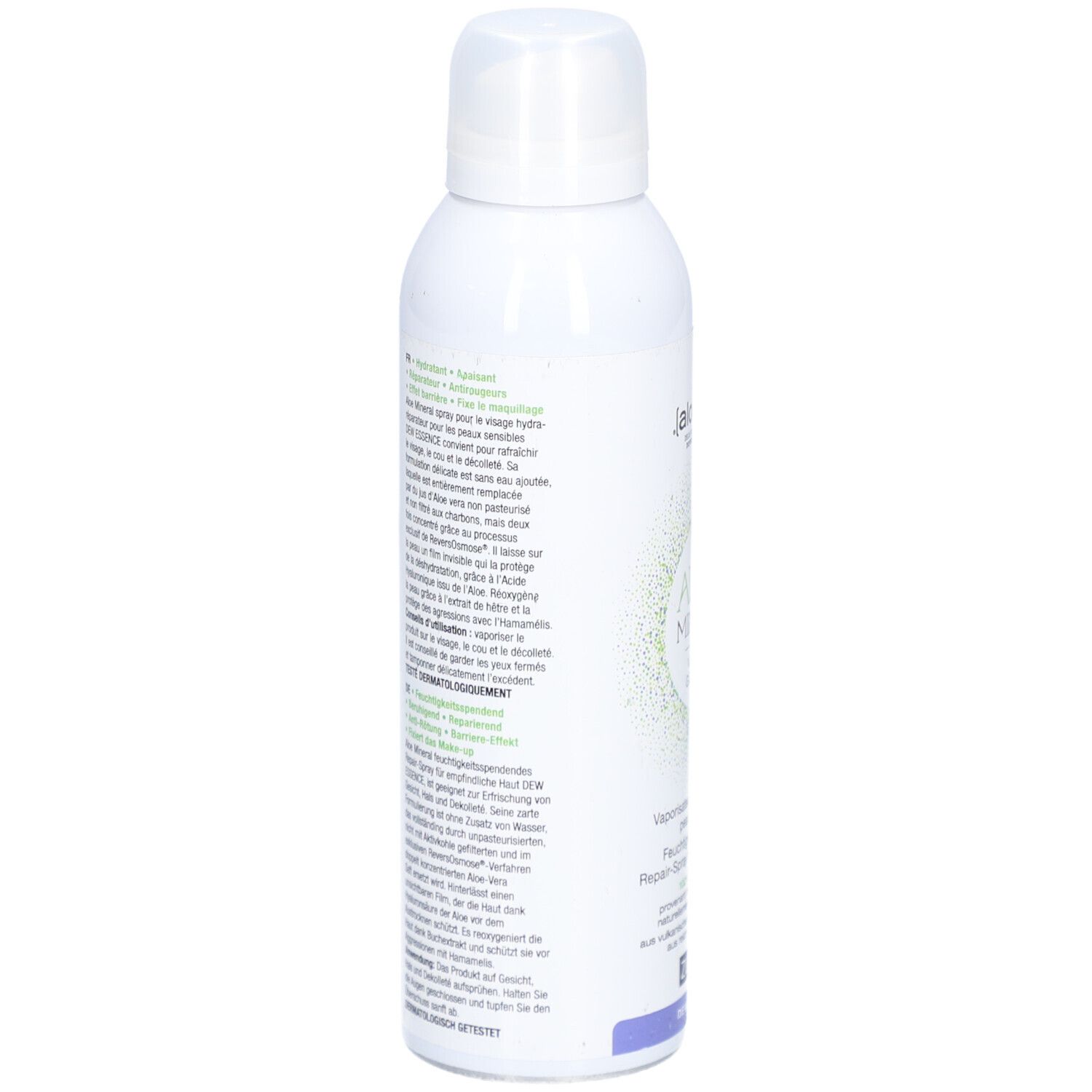Flacon spray blanc, vue latérale. Texte en plusieurs langues. Informations sur le produit et ingrédients.