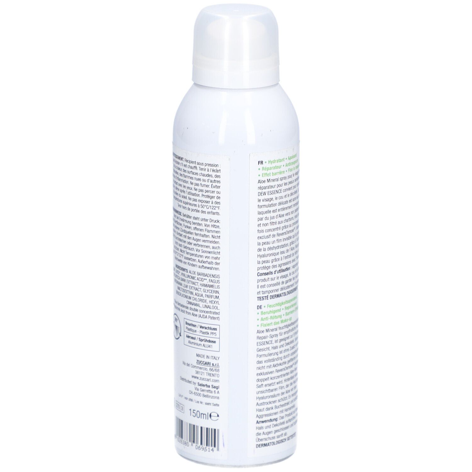 Flacon spray blanc, vue latérale. Texte multilingue. Informations sur le produit et ingrédients.