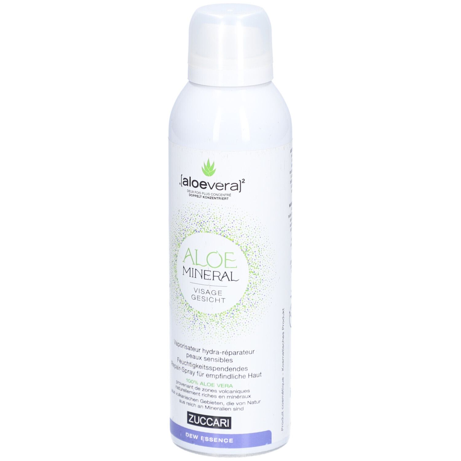 Flacon spray blanc avec logo vert et texte. Nom du produit: Aloe Mineral Visage Gesicht. Logo Zuccari en bas.