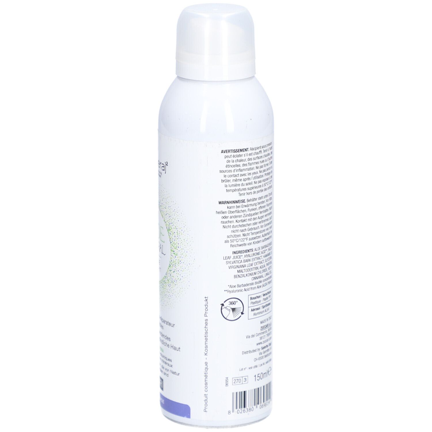 Flacon spray blanc, vue latérale. Texte en plusieurs langues. Informations sur le produit et ingrédients.