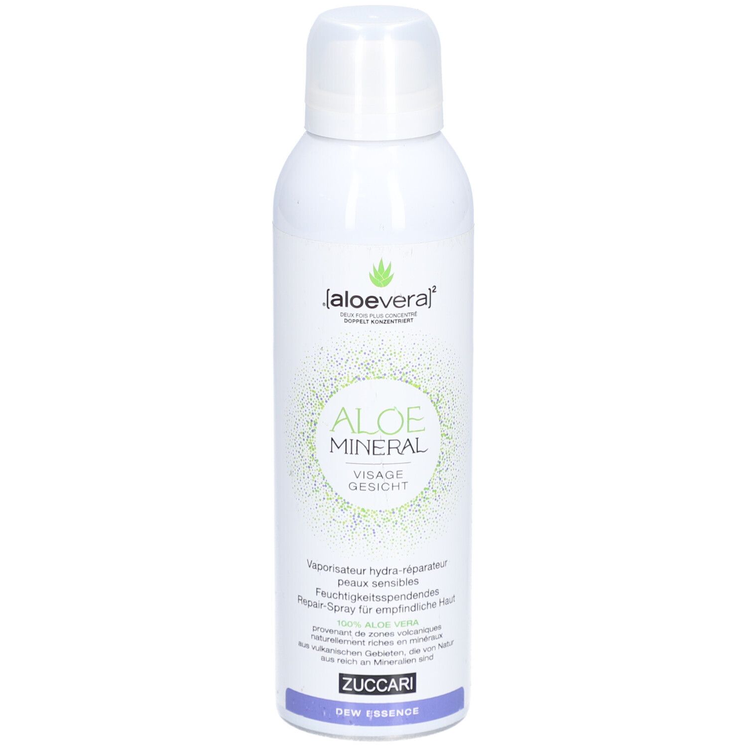 Flacon spray blanc avec logo vert et texte. Nom du produit: Aloe Mineral Visage Gesicht. Logo Zuccari en bas.