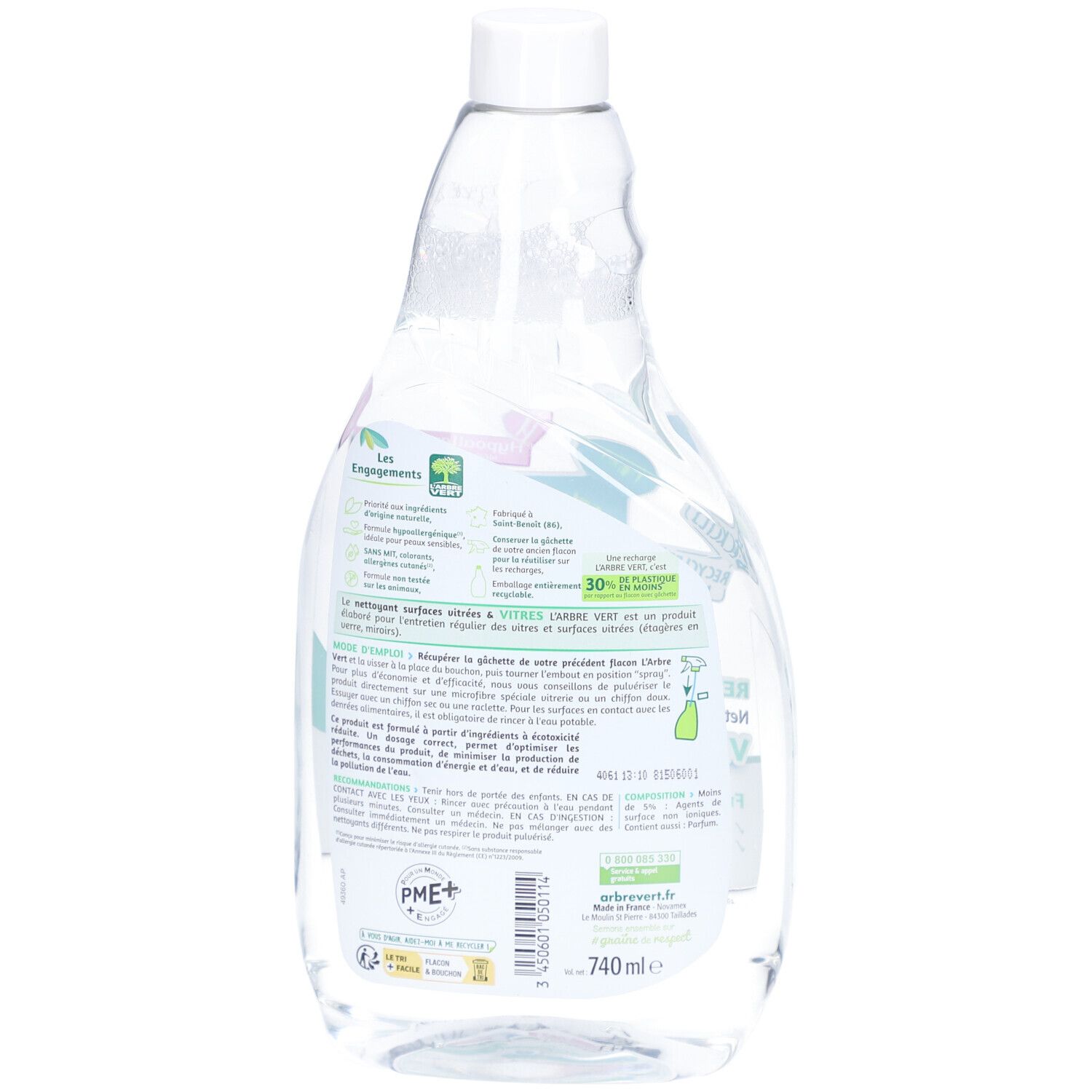 Dos du flacon transparent. Étiquette avec texte et logo: L'ARBRE VERT. Informations sur le produit et la marque.