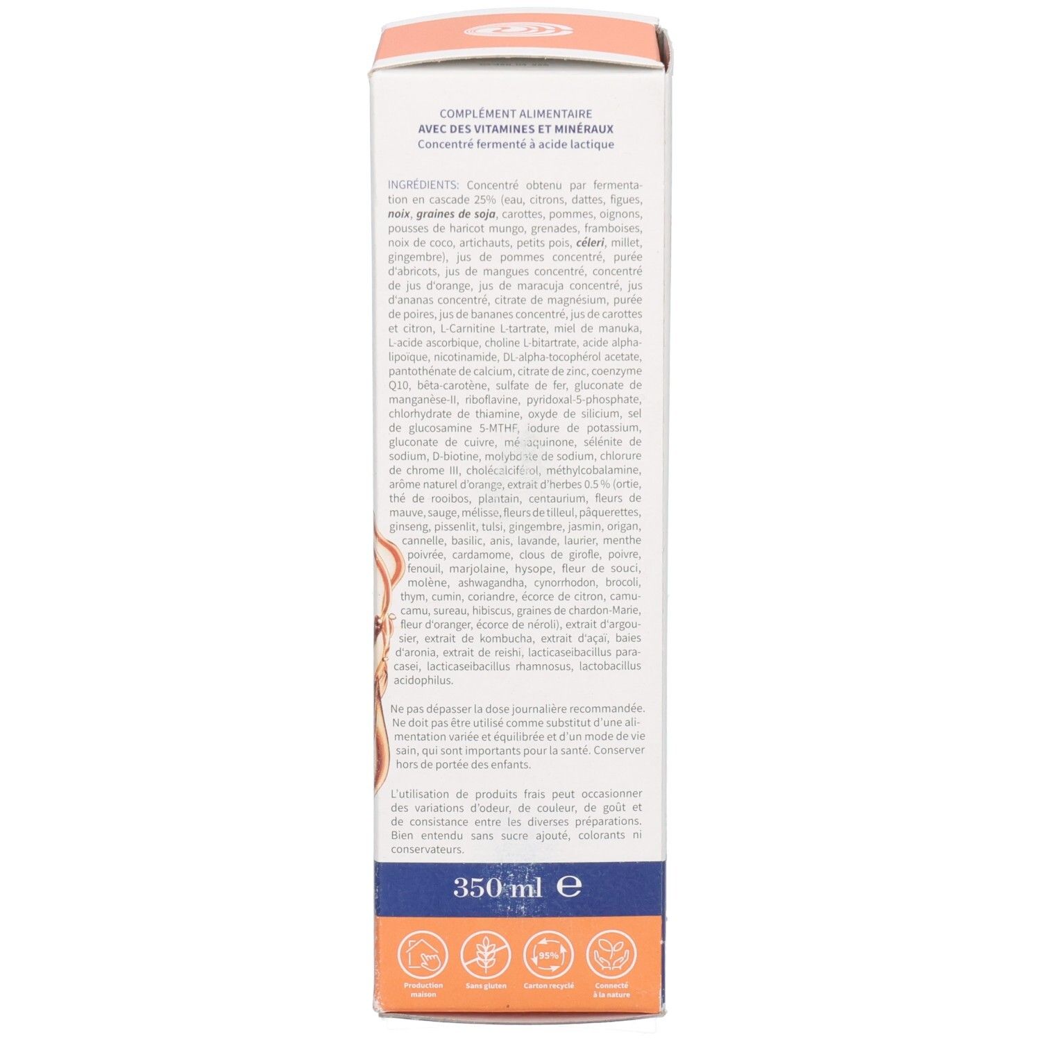Côté d'une boîte avec liste d'ingrédients en français et indication de volume (350 ml).