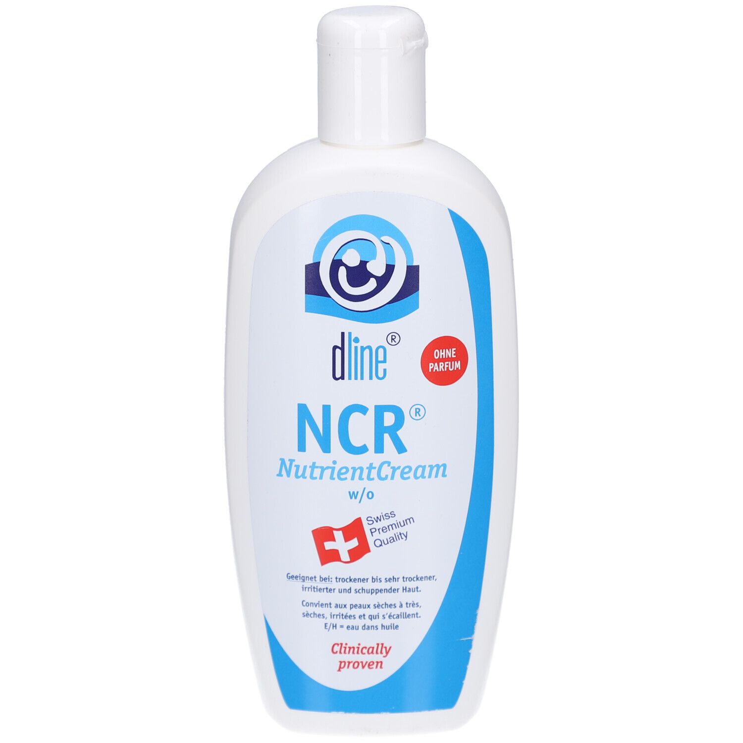 Flacon blanc avec étiquette bleue. Inscription: dline NCR NutrientCream w/o, sans parfum. Croix suisse. Cliniquement prouvé.