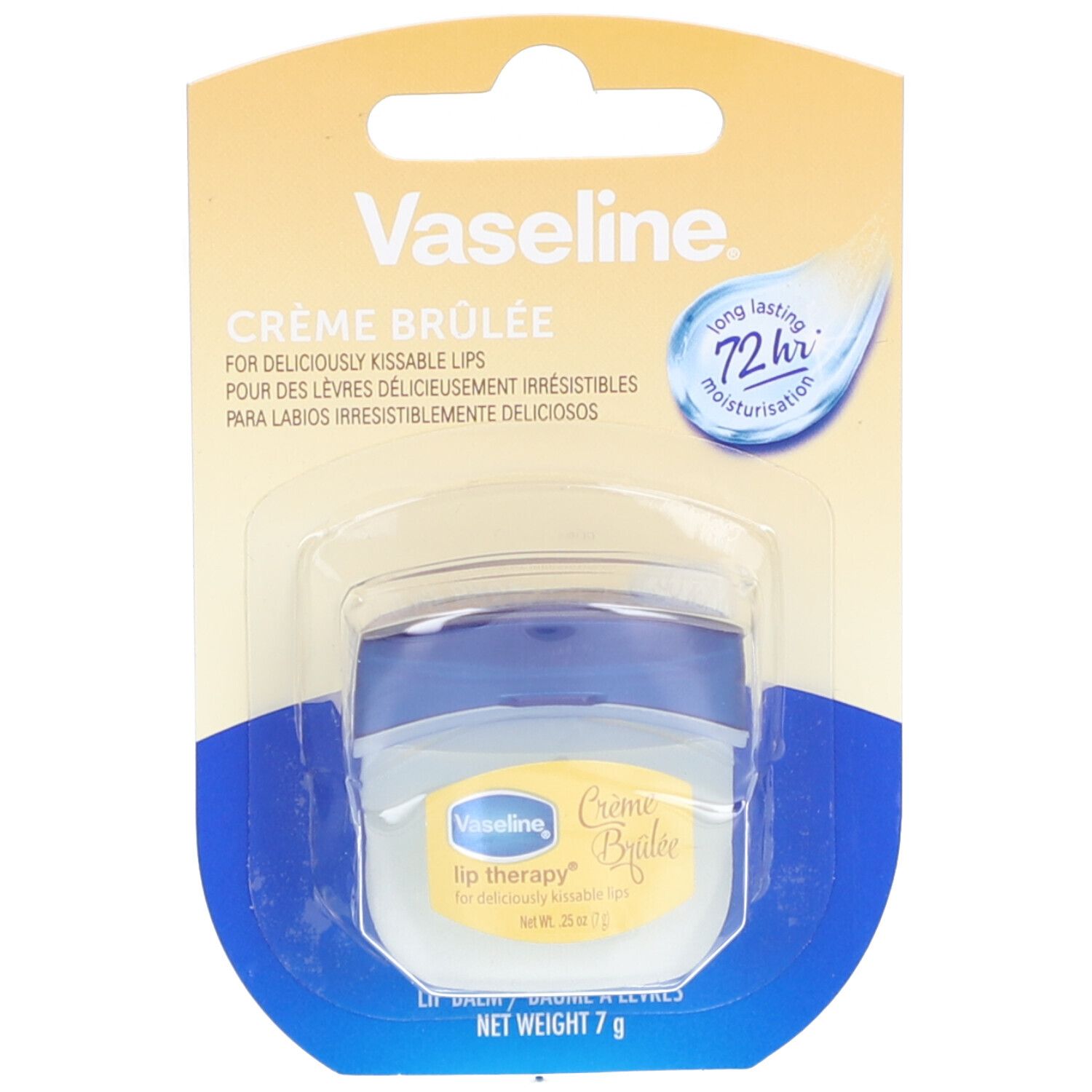 Vaseline Crème Brulée baume à lèvres en blister. Petit pot rond à couvercle bleu. Emballage jaune et bleu avec le nom du produit.