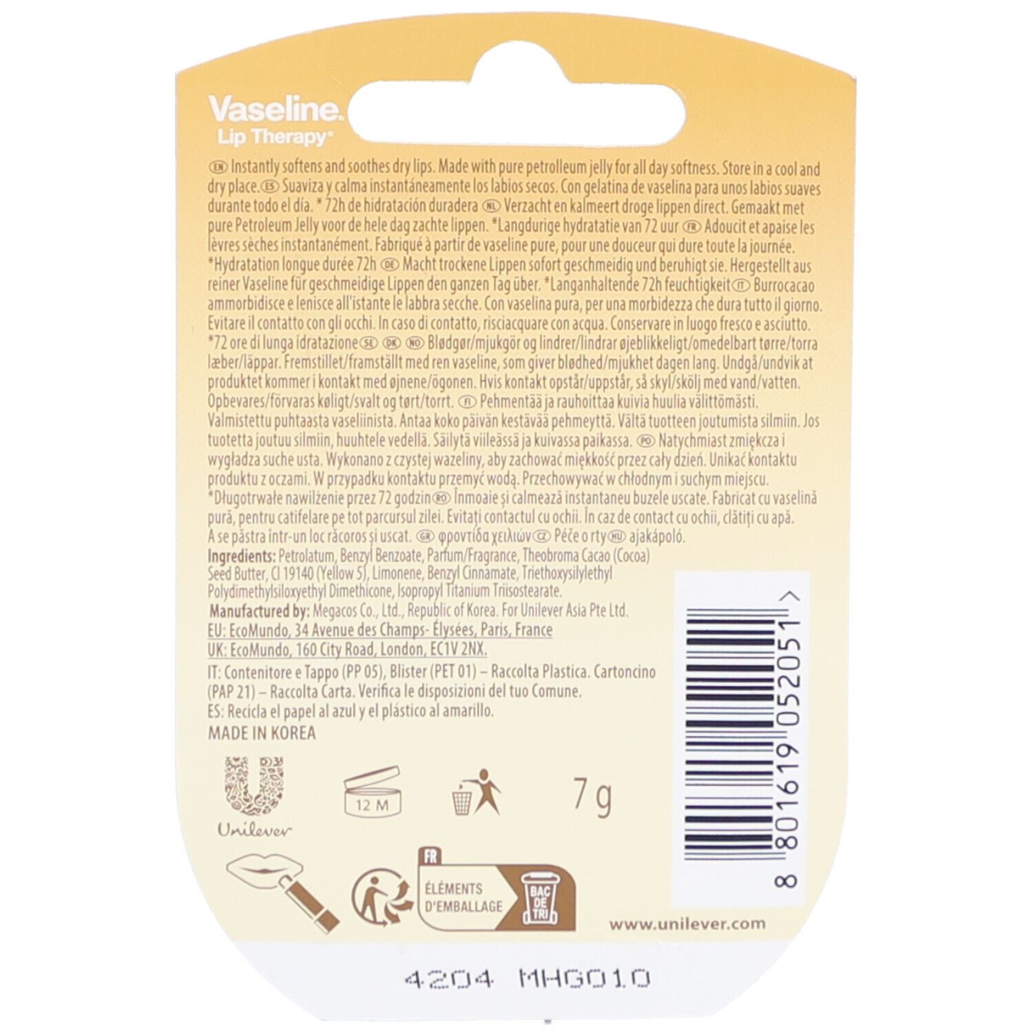 Dos de l'emballage blister. Texte multilingue. Nom du produit et informations sur le contenu. Poids : 7g. Symboles de recyclage.