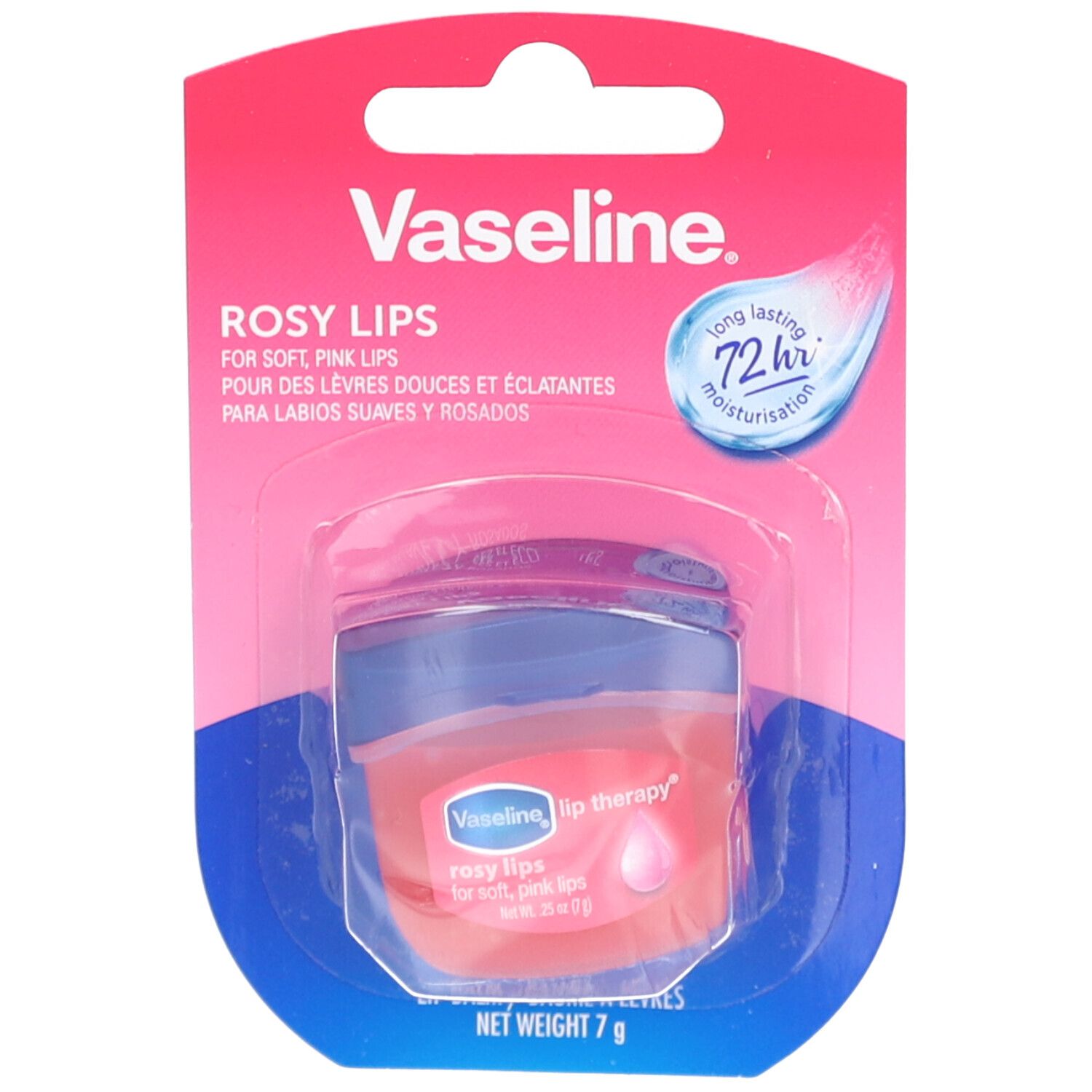 Vaseline Rosa Lippenbalsam en emballage blister. Pot rose et bleu, 7g. Texte "Rosy Lips" et "72h moisturisation".