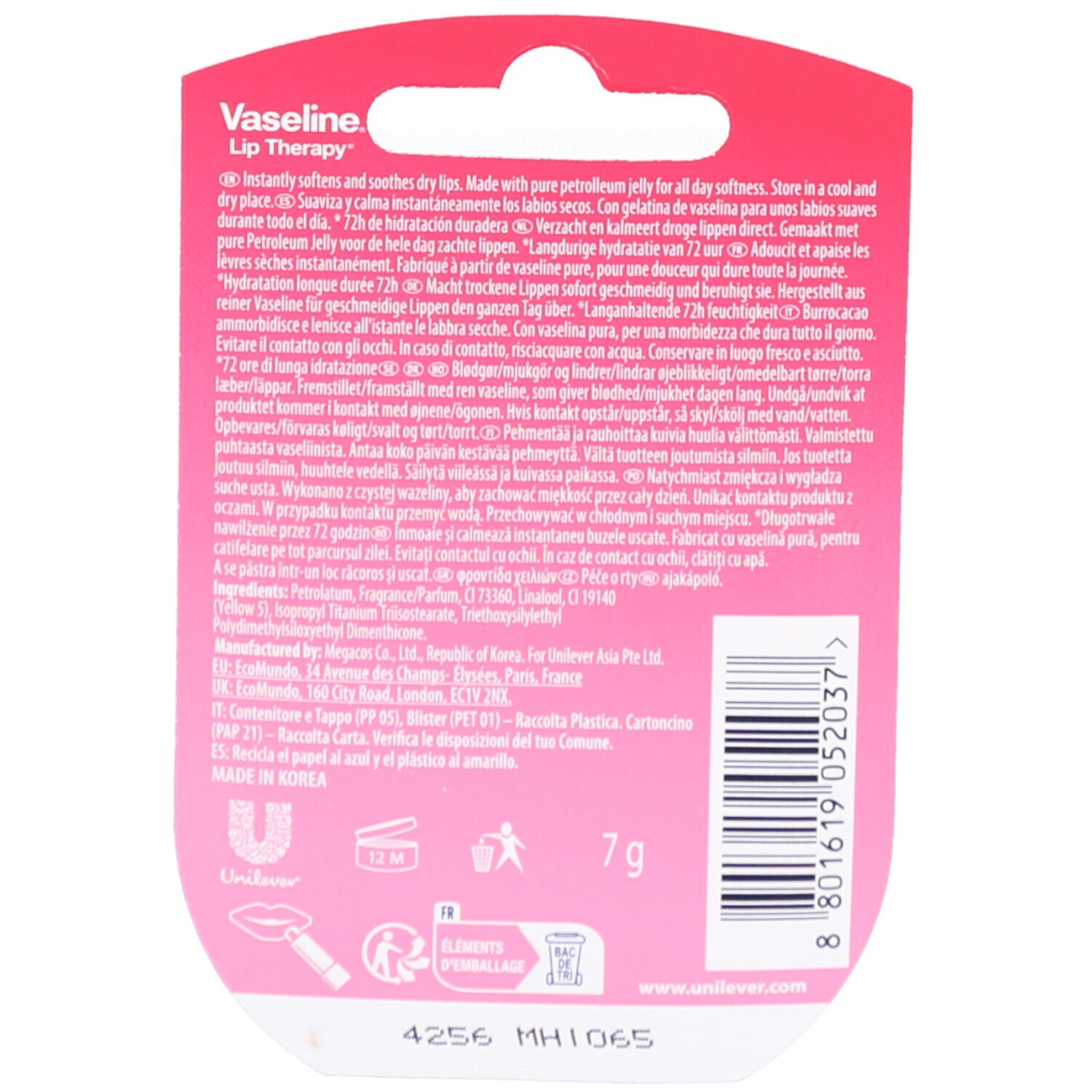Dos de l'emballage Vaseline Rosa Lippenbalsam. Texte multilingue, 7g. Logo Unilever et symboles de recyclage.