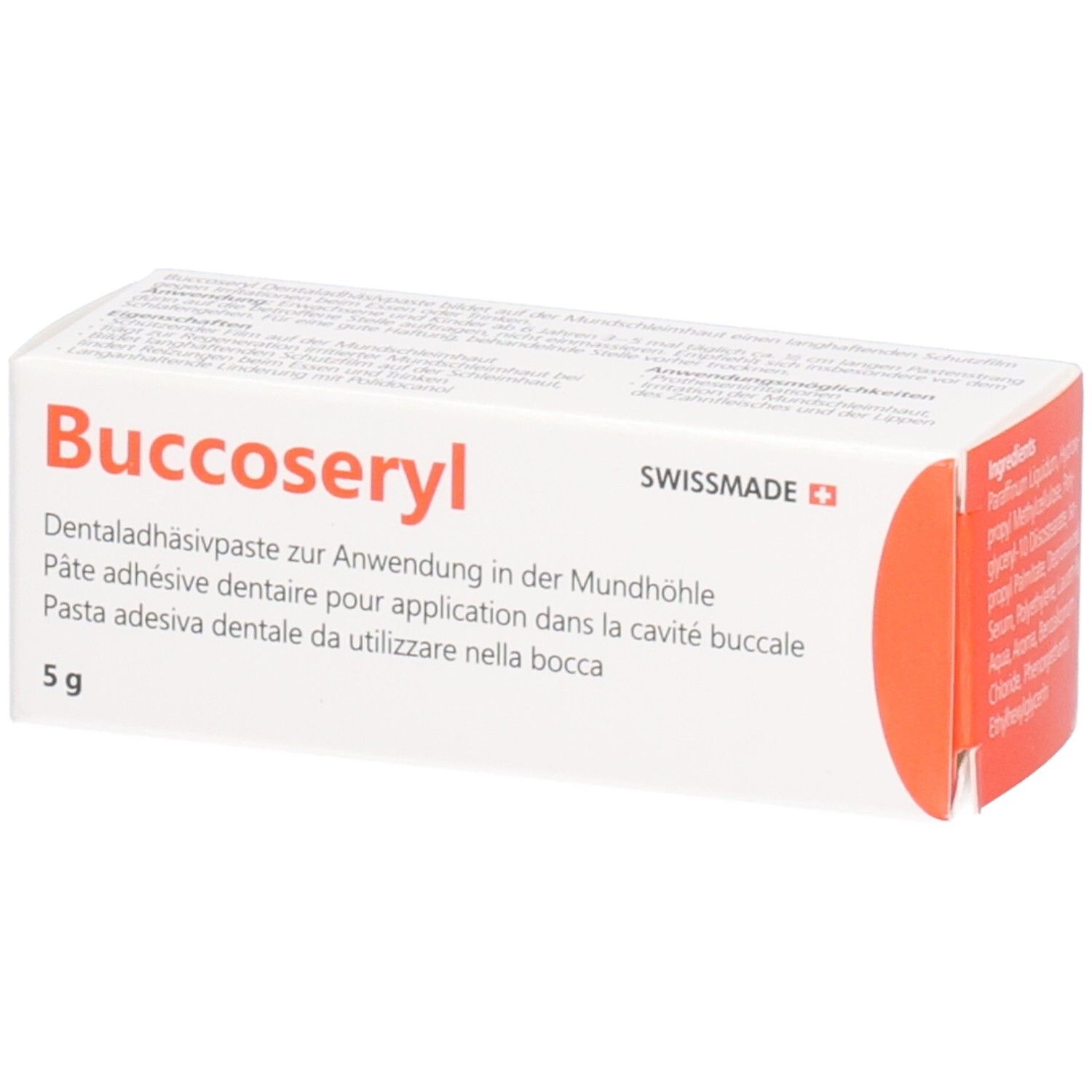 Boîte avec inscription Buccoseryl, pâte adhésive dentaire, 5 g. Swissmade. Accent rouge.