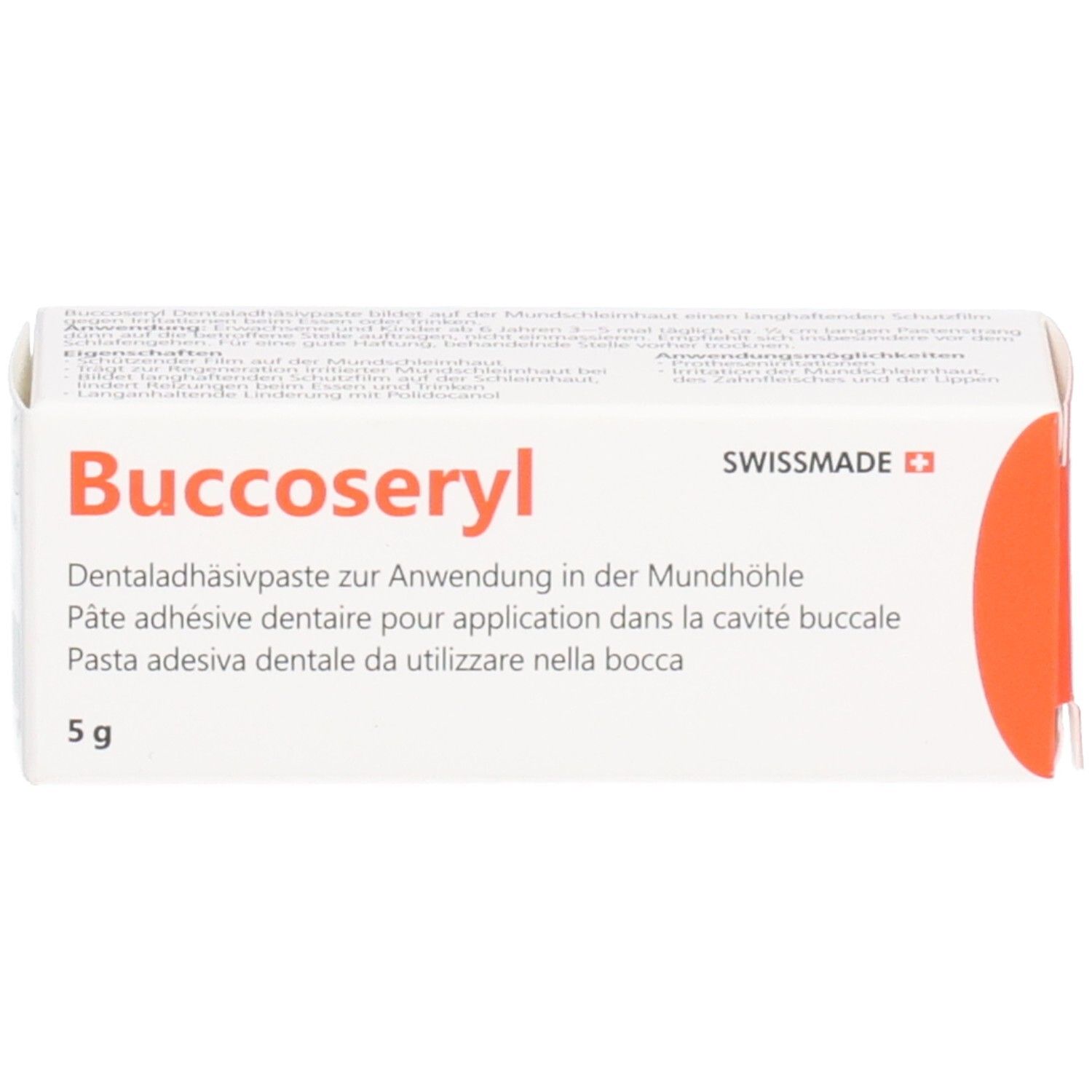 Boîte avec inscription Buccoseryl, pâte adhésive dentaire, 5 g. Swissmade. Accent rouge.
