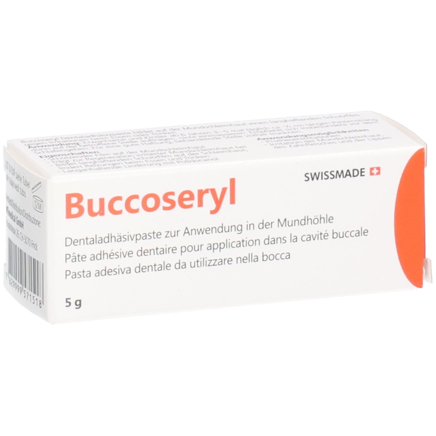Boîte avec inscription Buccoseryl, pâte adhésive dentaire, 5 g. Swissmade. Accent rouge.