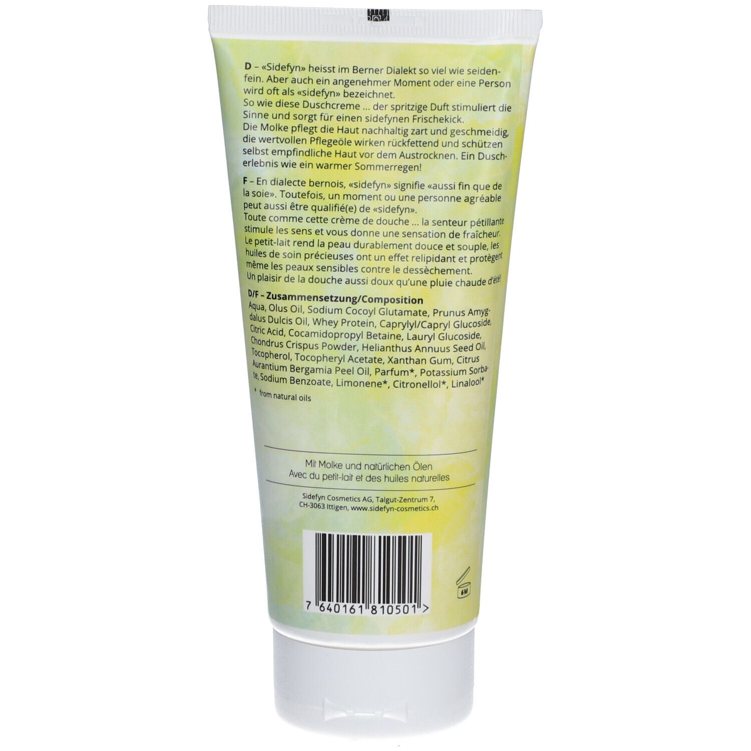 Dos du tube de crème de douche Sidefyn. Texte en allemand et français. Ingrédients et informations du fabricant. Code-barres vert.