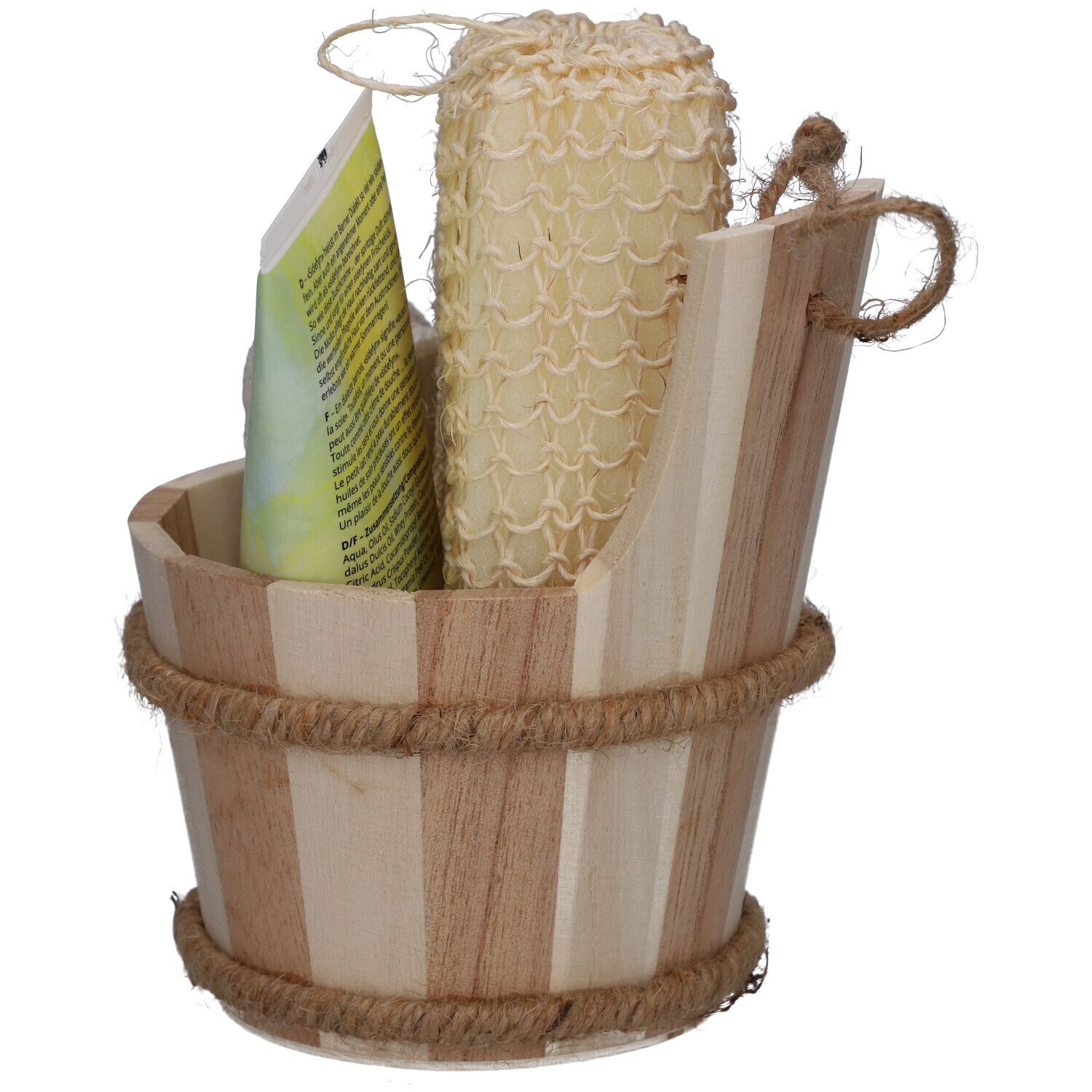 Seau en bois avec accessoires de bain : éponge, pierre ponce, gel douche. Nom du produit : sidefyn. Cosmétiques suisses.