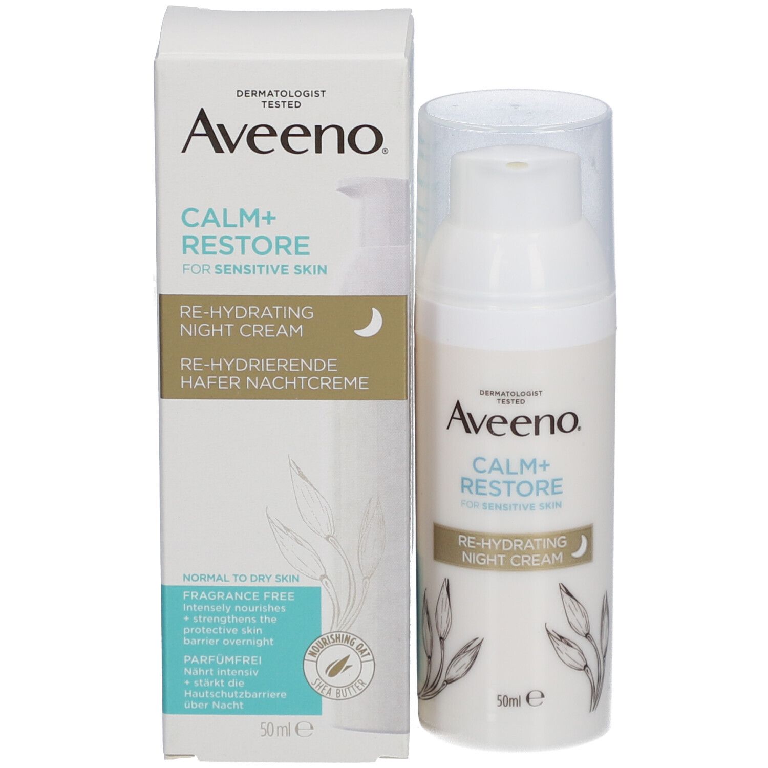 Crème de nuit Aveeno CALM+RESTORE. Produit et emballage. Flacon blanc et carton avec texte et illustrations.