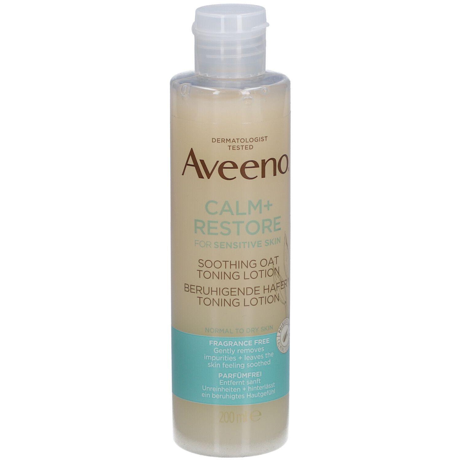 Flacon Aveeno CALM+RESTORE. Lotion tonifiante à l'avoine apaisante. Sans parfum. Flacon beige avec bouchon blanc. Texte visible.