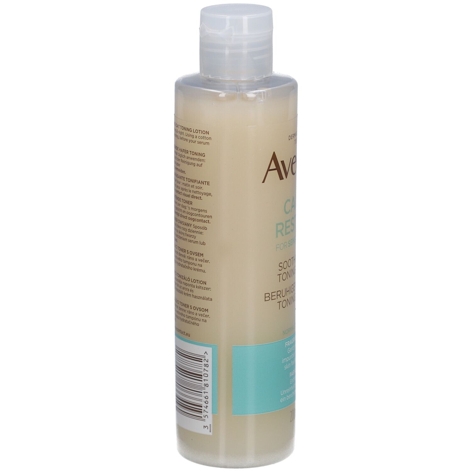 Dos du flacon Aveeno CALM+RESTORE. Texte multilingue. Code-barres et bouchon blanc. Informations visibles.