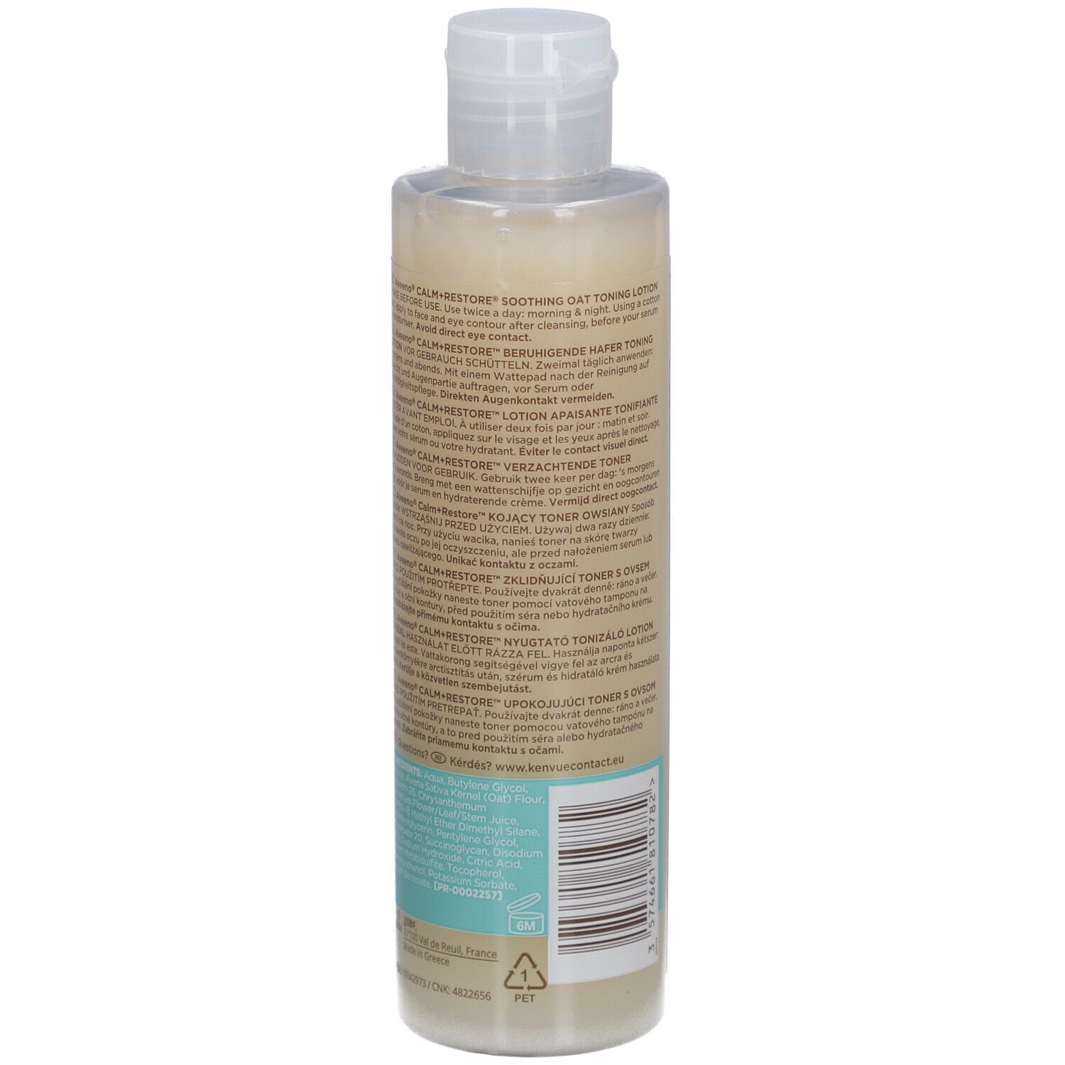 Dos du flacon Aveeno CALM+RESTORE. Texte multilingue. Code-barres et bouchon blanc. Informations visibles.