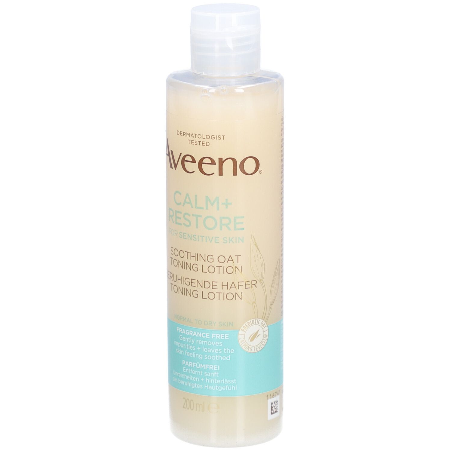 Flacon Aveeno CALM+RESTORE. Lotion tonifiante à l'avoine apaisante. Sans parfum. Flacon beige avec bouchon blanc. Texte visible.