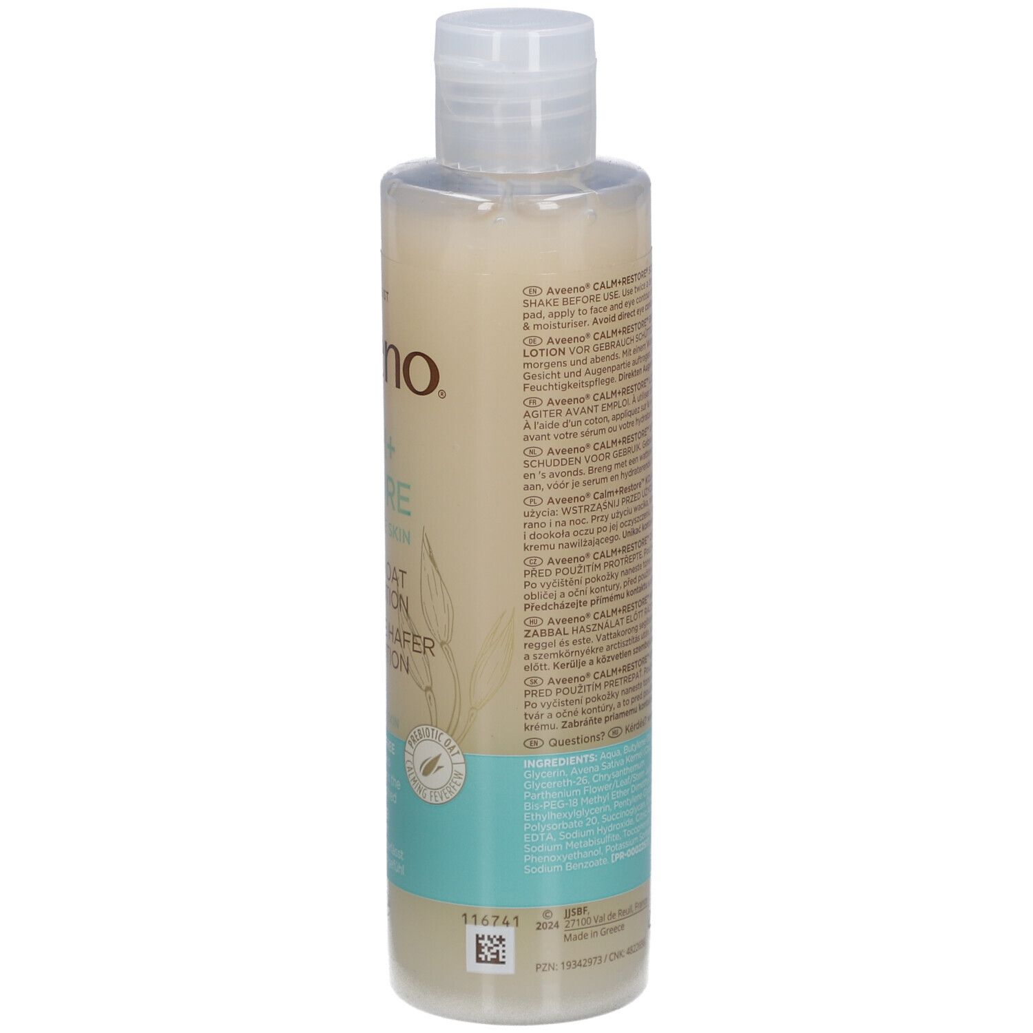 Dos du flacon Aveeno CALM+RESTORE. Texte multilingue. Code-barres et bouchon blanc. Informations visibles.