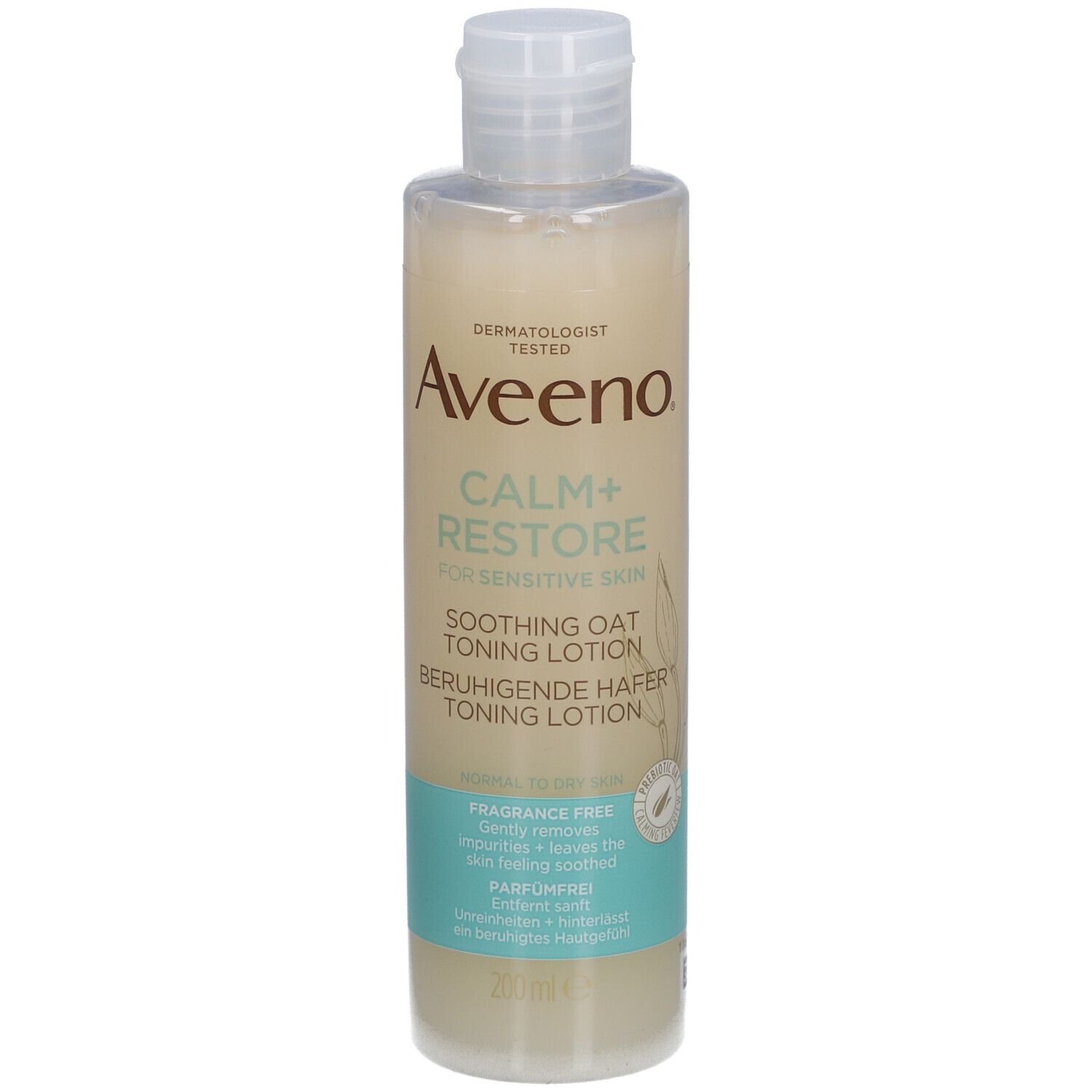 Flacon Aveeno CALM+RESTORE. Lotion tonifiante à l'avoine apaisante. Sans parfum. Flacon beige avec bouchon blanc. Texte visible.