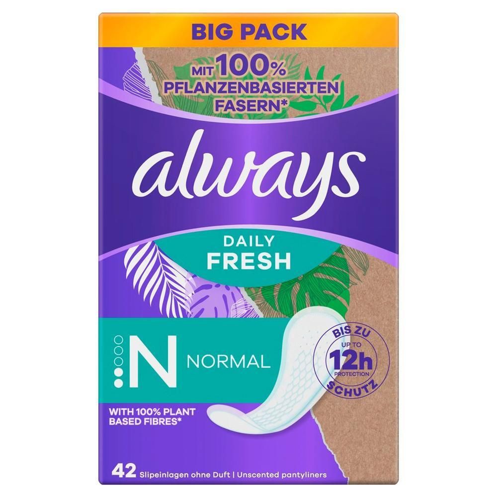 Paquet de Always Daily Fresh. Inscription: Always, Daily Fresh, Normal, 42 protège-slips. Avec 100% de fibres végétales.