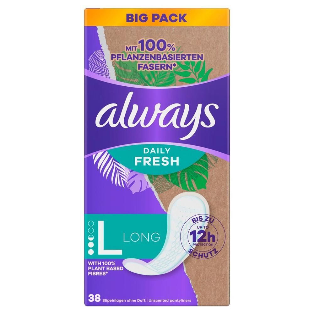 Always Daily Fresh, protège-slips Long, BigPack. Emballage avec produit et logo. 38 protège-slips. Avec fibres végétales à 100%.